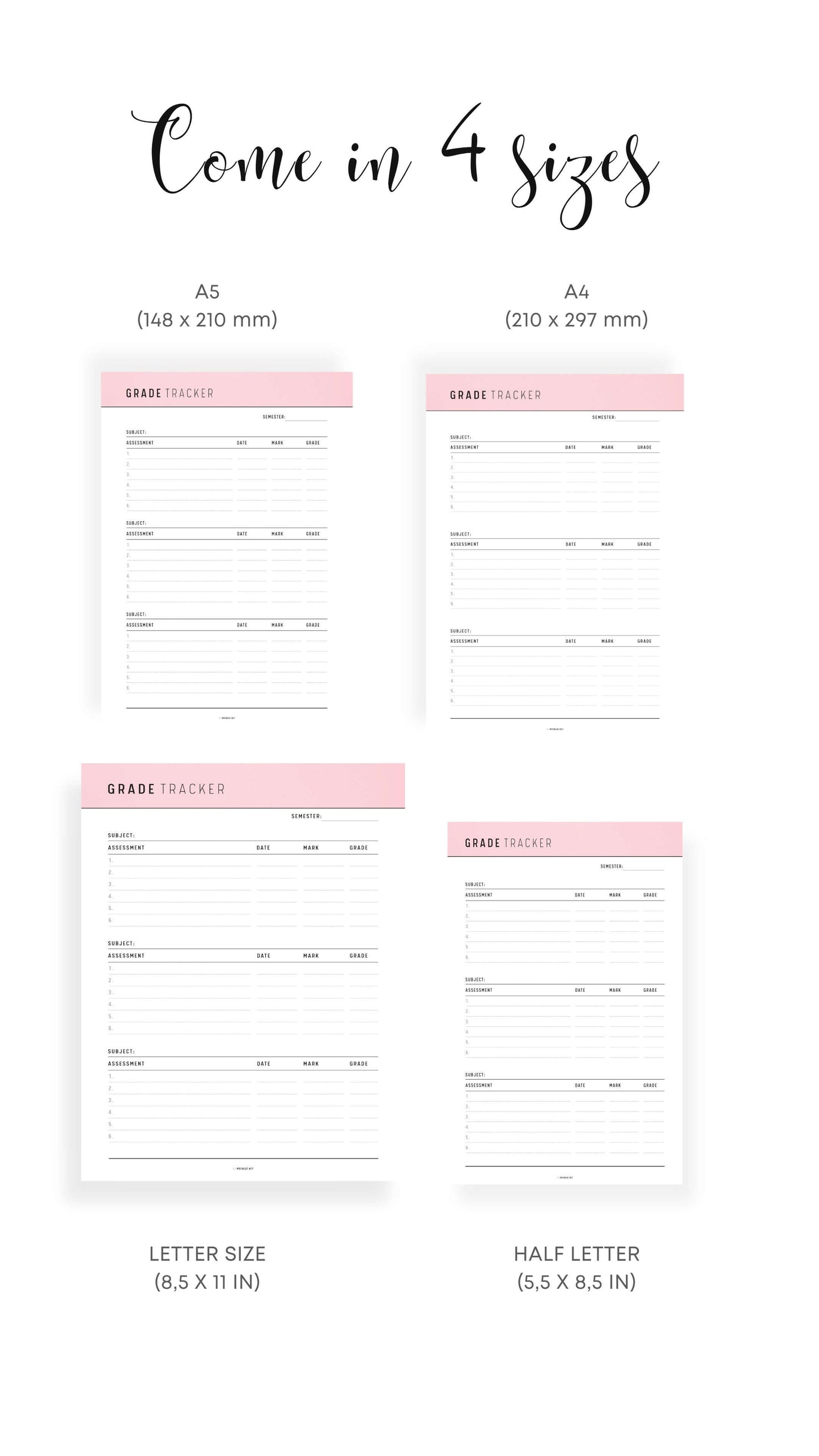 A4, A5, letter, Half letter Printable Grade Tracker Template