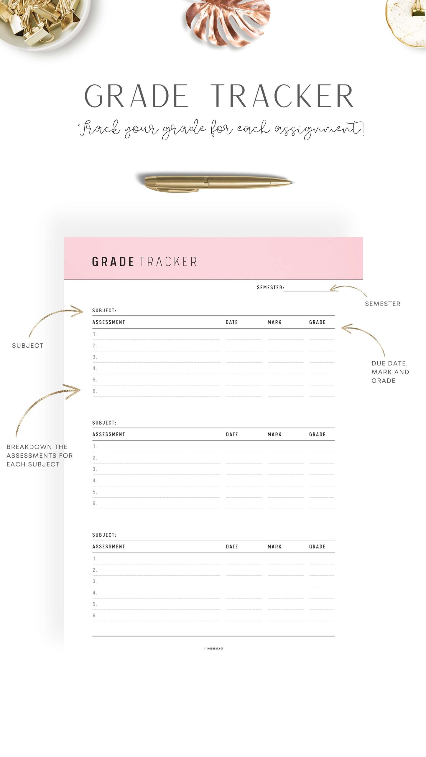 Beautiful Pink Blush Printable Grade Tracker Template