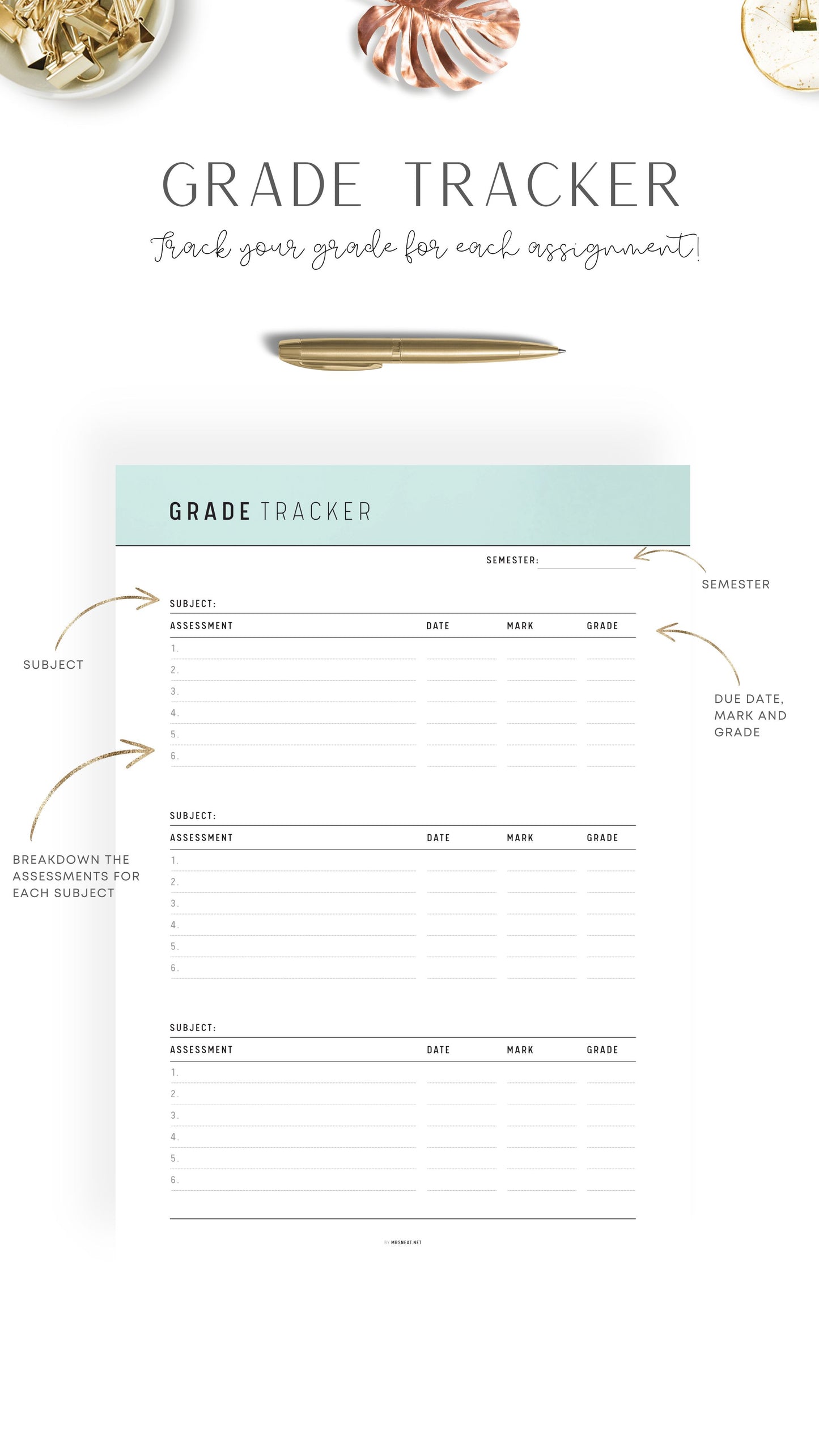 Aesthetic Green Printable Grade Tracker Template