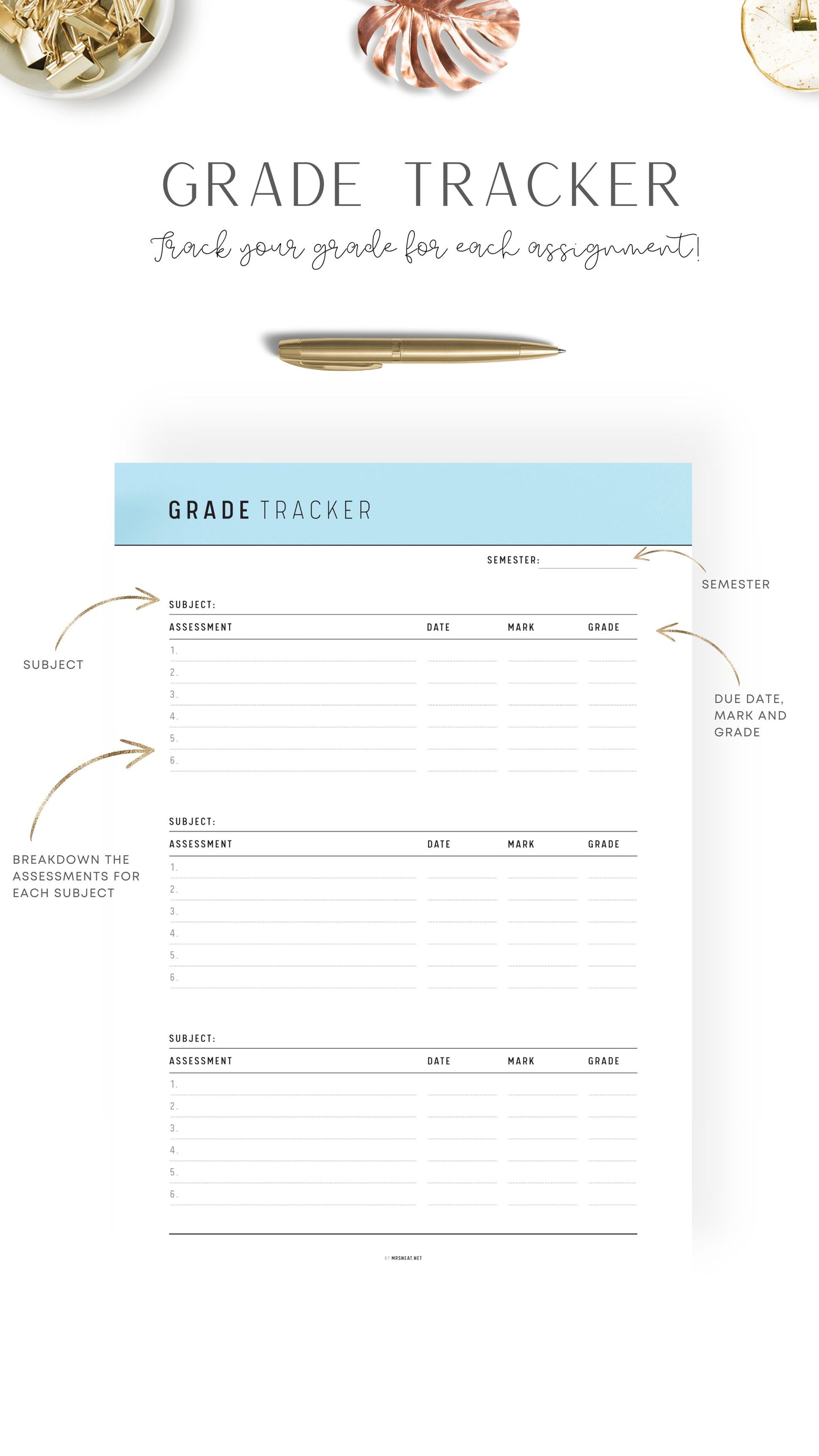 Blue Printable Grade Tracker Template