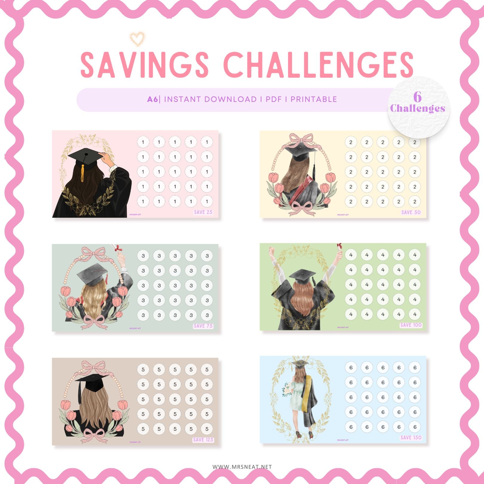 Collection of graduation-themed savings challenge charts with a pink border.