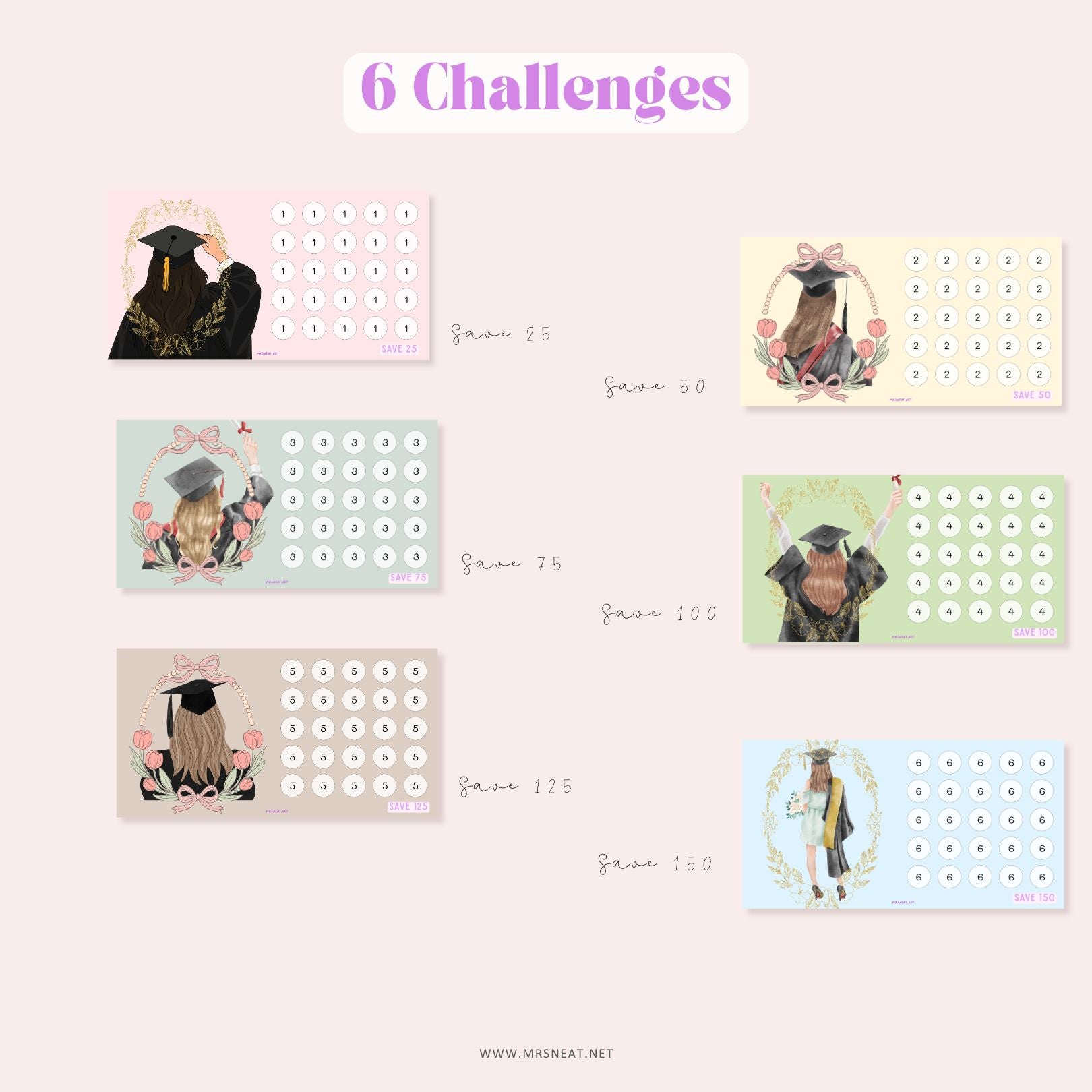 Graduation Fund Savings Challenge, Tiny Mini Savings Challenge, A6, Cash Stuffing, 6 Challenges, Budget Tracker, Money Tracker, Savings Tracker, Money Game