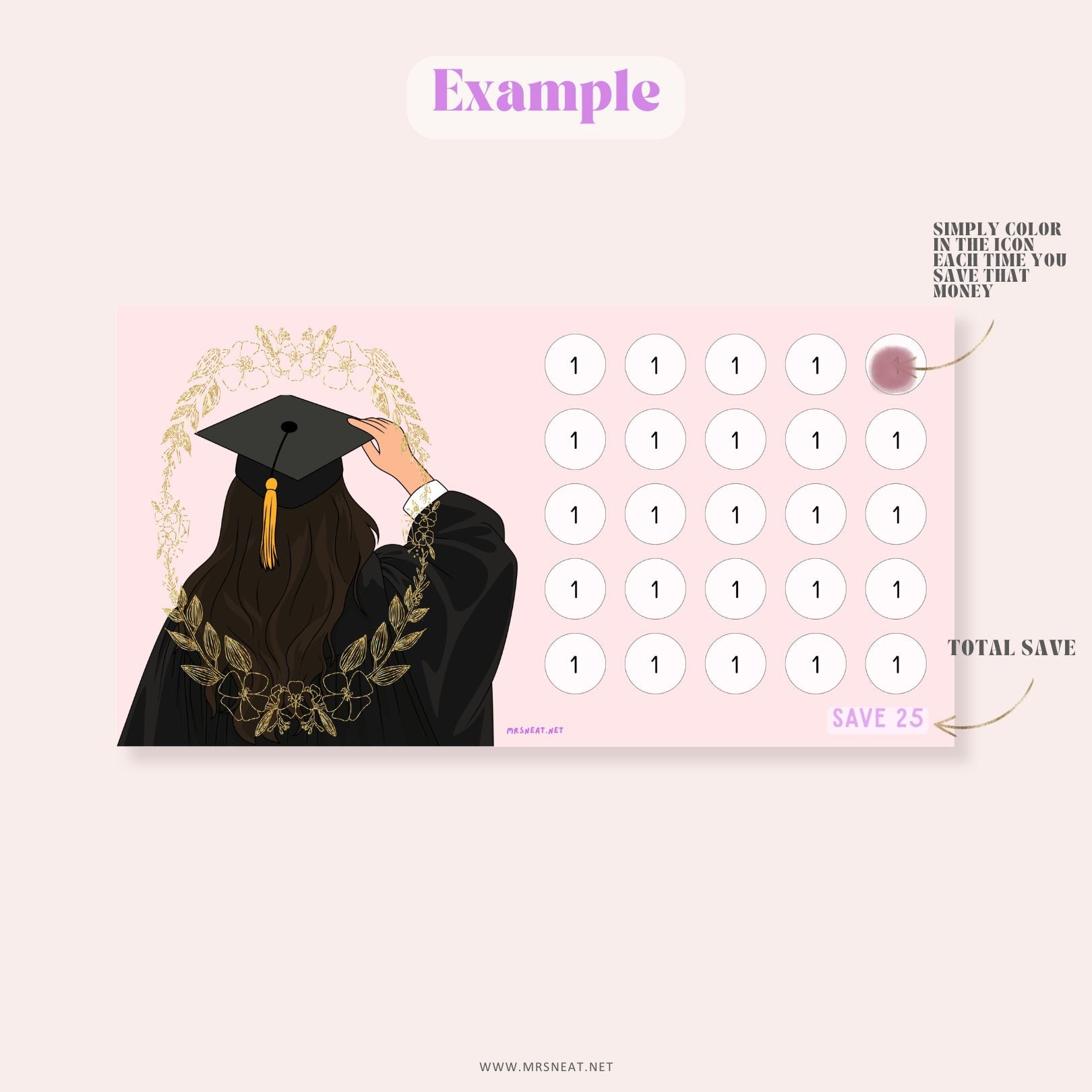 Graduation-themed savings tracker with a person in a cap and gown and a pink background.