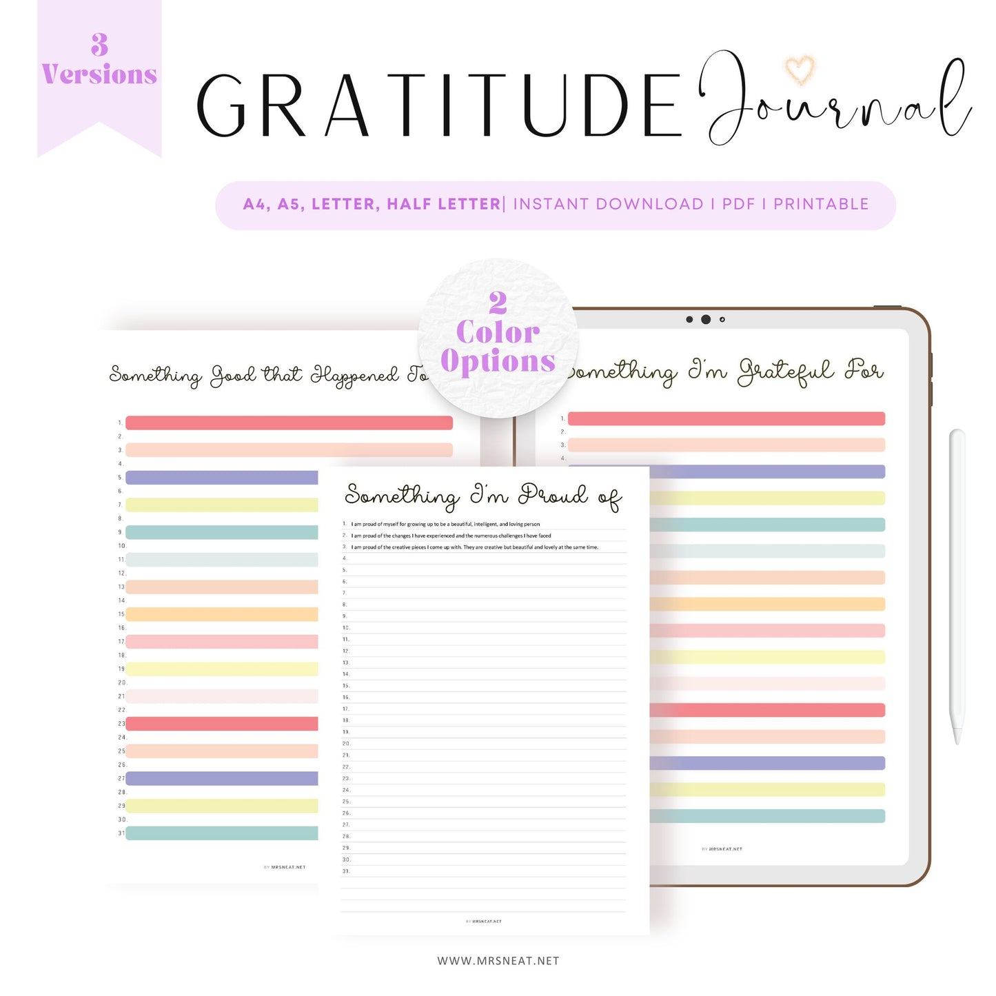 Gratitude Journal Printable Planner, 3 versions, 2 colors, A4, A5, Letter, Half Letter, Digital Planner, Printable Planner, Fillable PDF