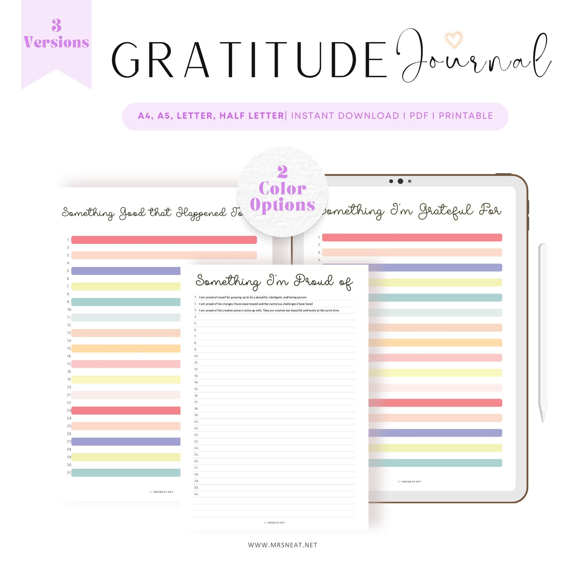 Gratitude Journal Printable Planner, 3 versions, 2 colors, A4, A5, Letter, Half Letter, Digital Planner, Printable Planner, Fillable PDF