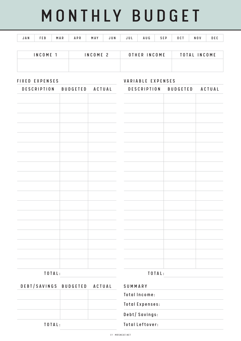 Monthly Budget Template Printable Mrsneat