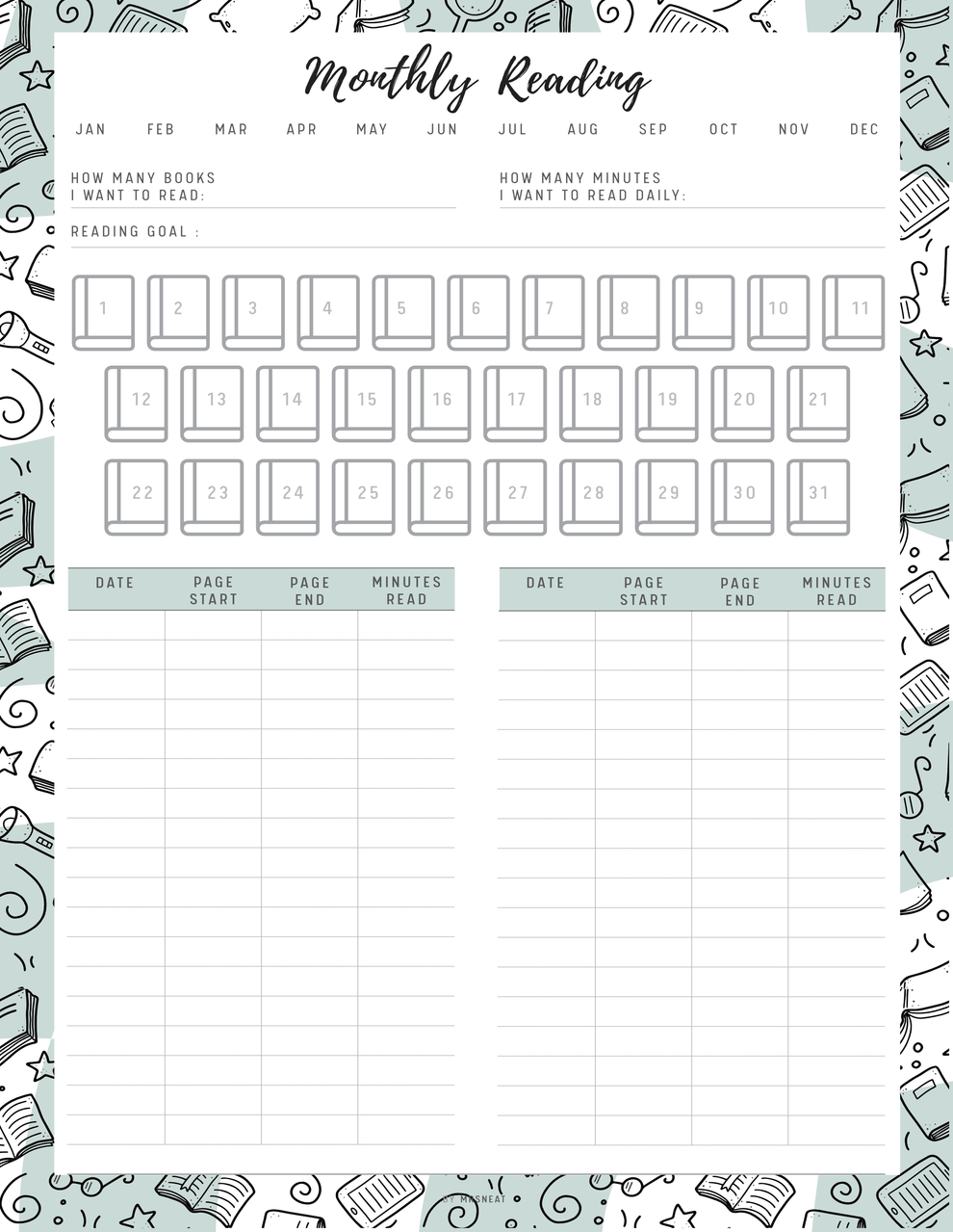 Monthly Reading Tracker Template Printable – mrsneat