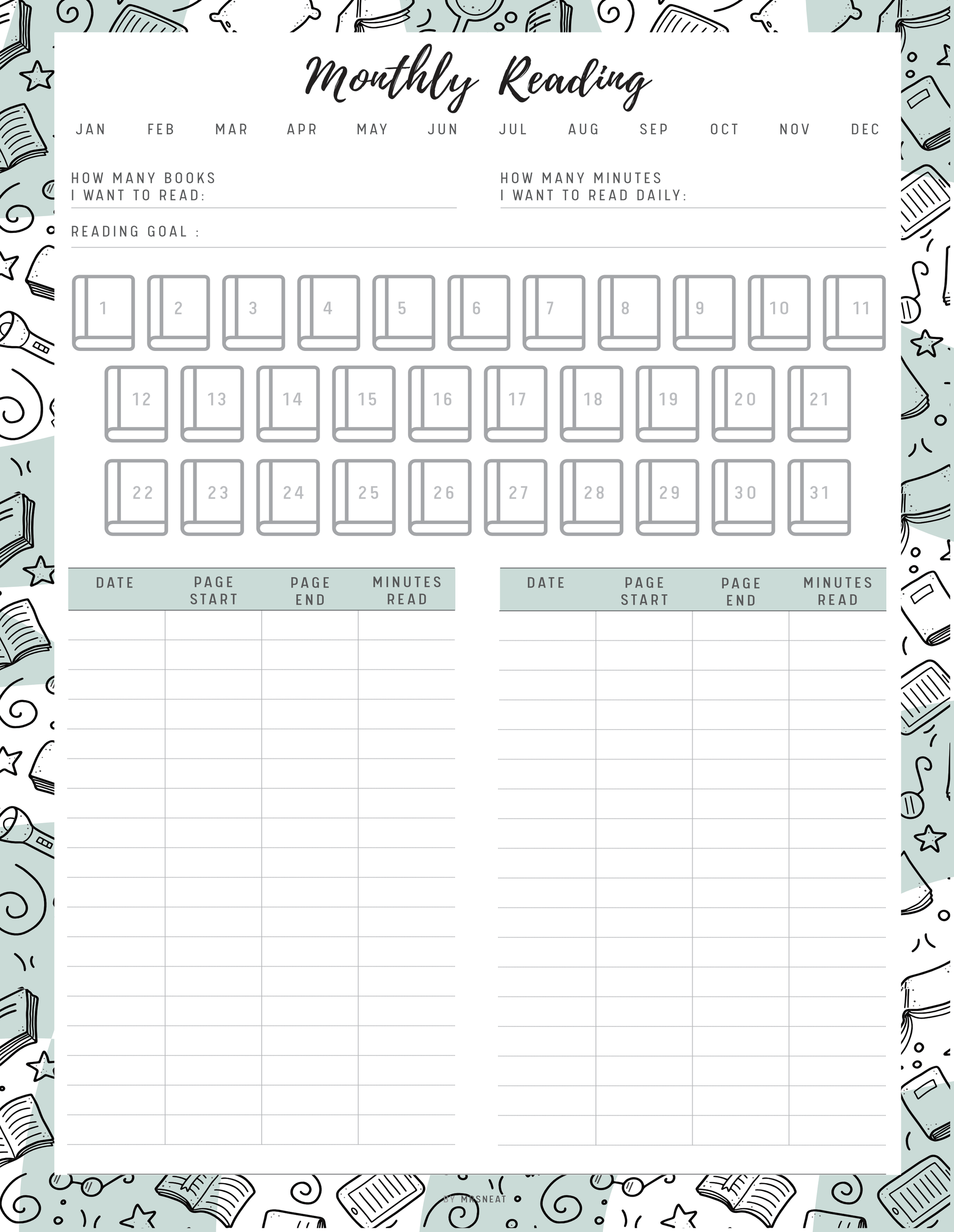 Monthly Reading Tracker Template Printable, 5 colors, 4 sizes