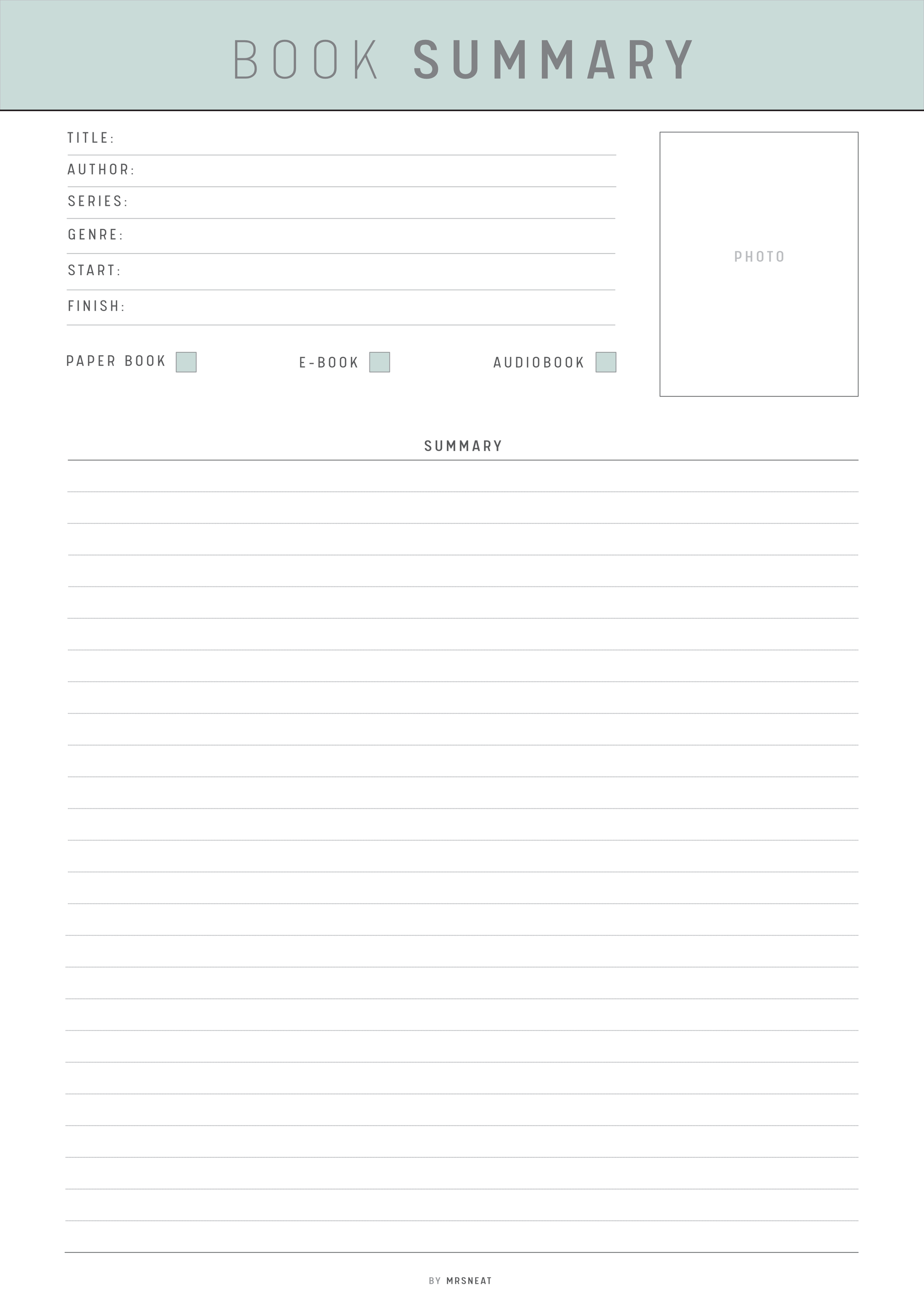 Blank book summary template with fields for title, author, series, genre, start, finish, paper book, e-book, and audiobook formats.