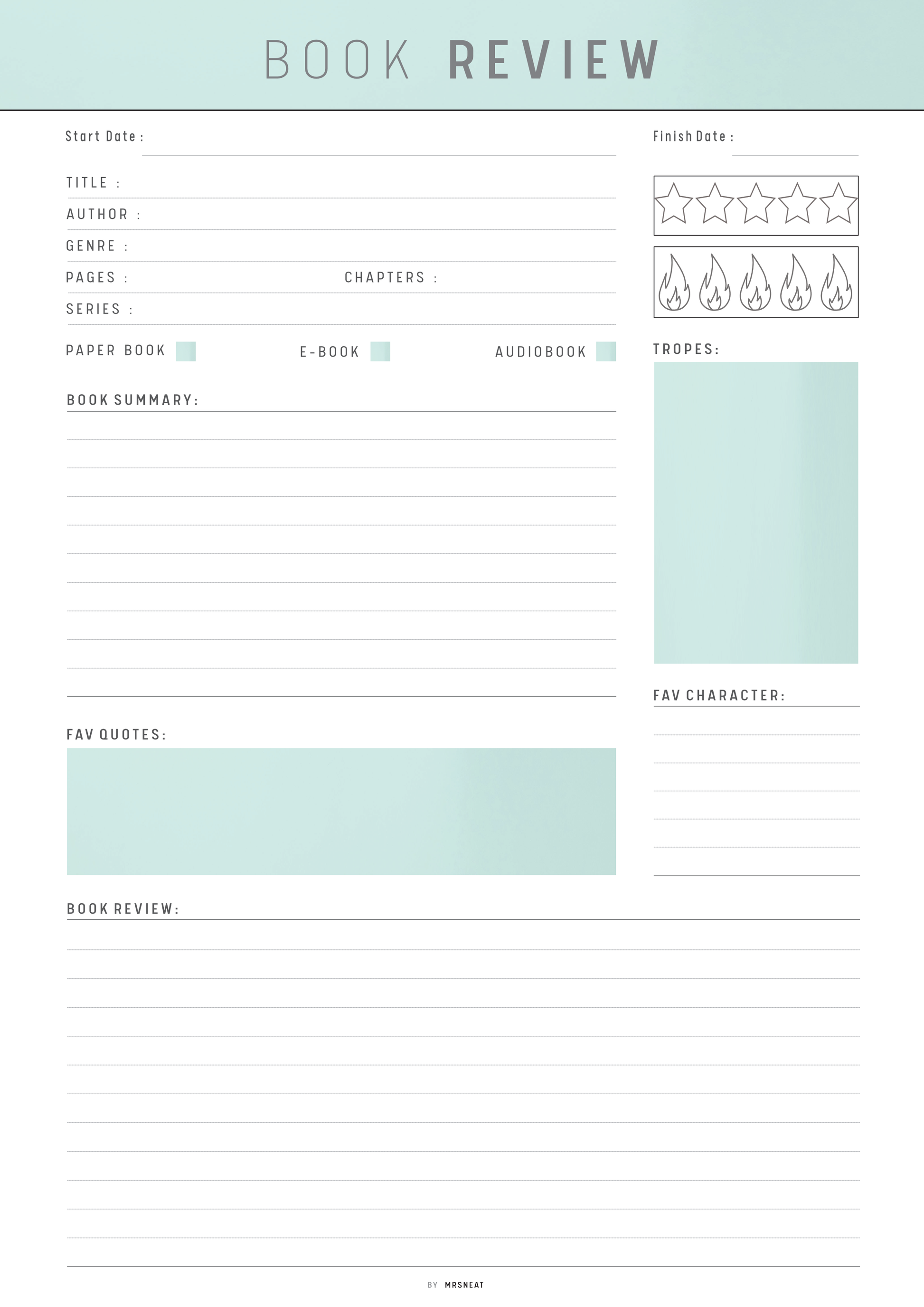 Book review form with various sections on a light green background