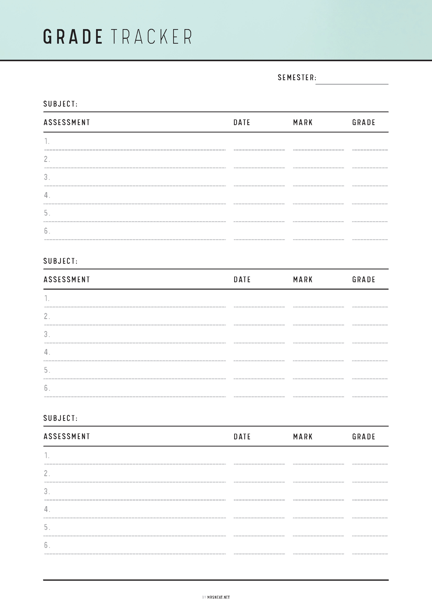 Grade tracker sheet with columns for subject, assessment, date, mark, and grade on a light blue background.