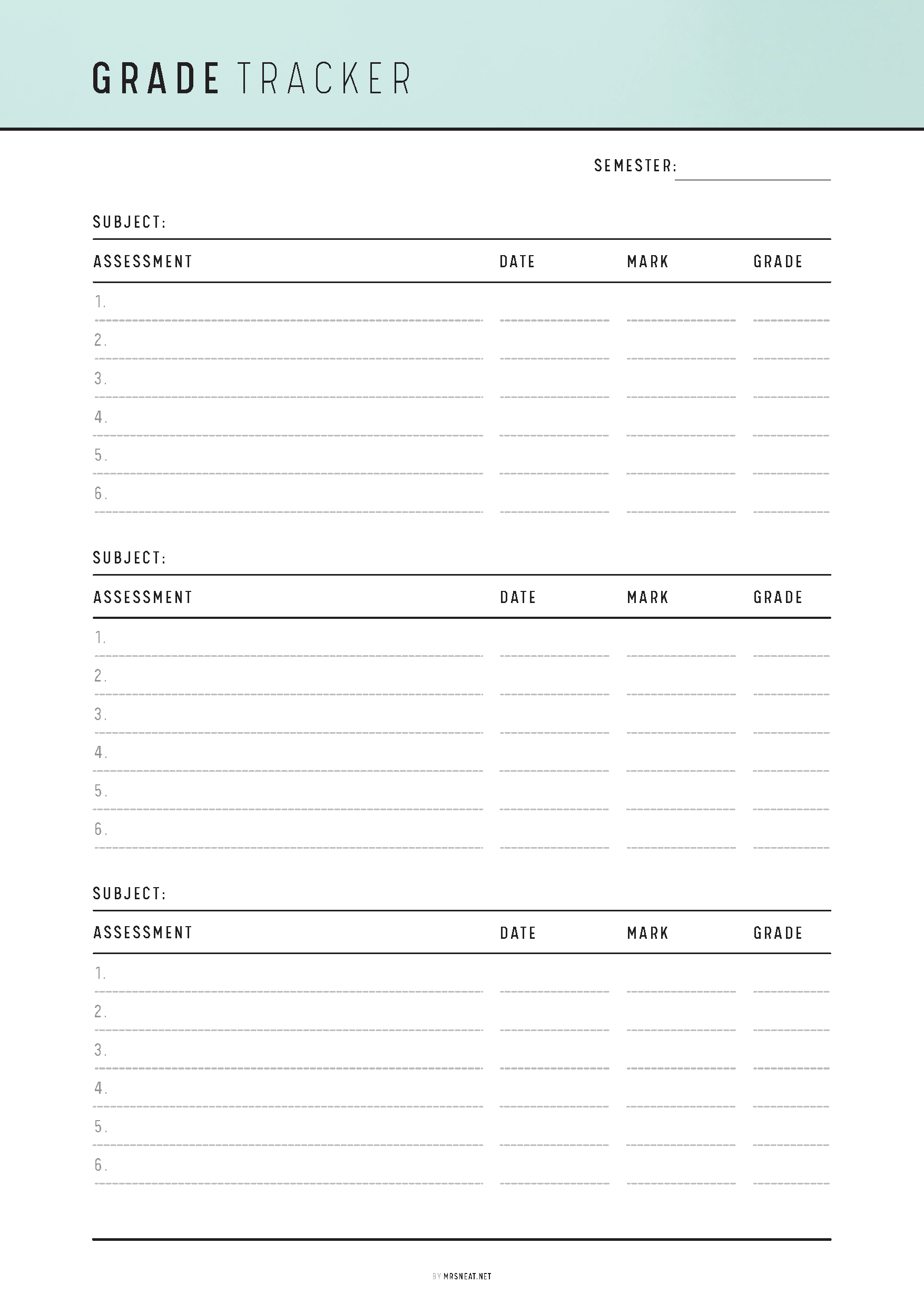 Grade tracker sheet with columns for subject, assessment, date, mark, and grade on a light blue background.