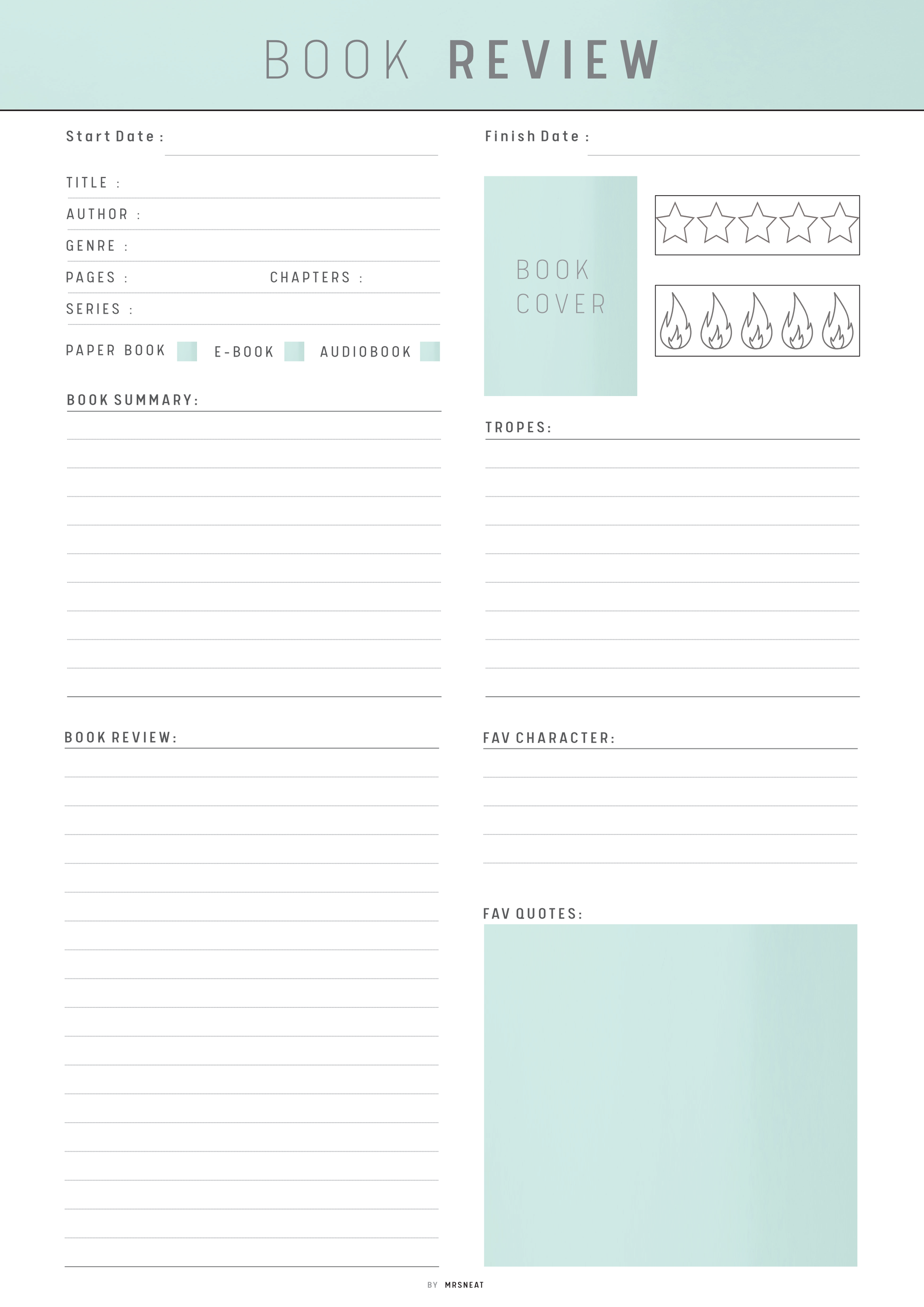 Book review form with fields for book details and summary on a light green background