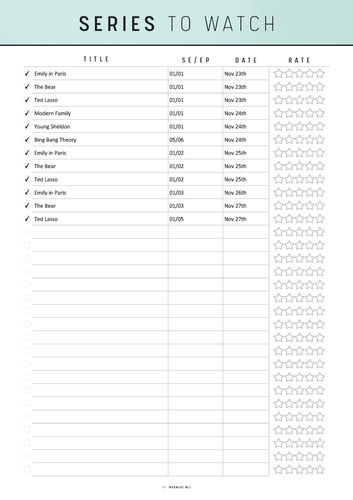 Fillable Series To Watch Template Printable, Movie Series To Watch List, PDF, A4, A5, Letter, Half Letter, 6 colors