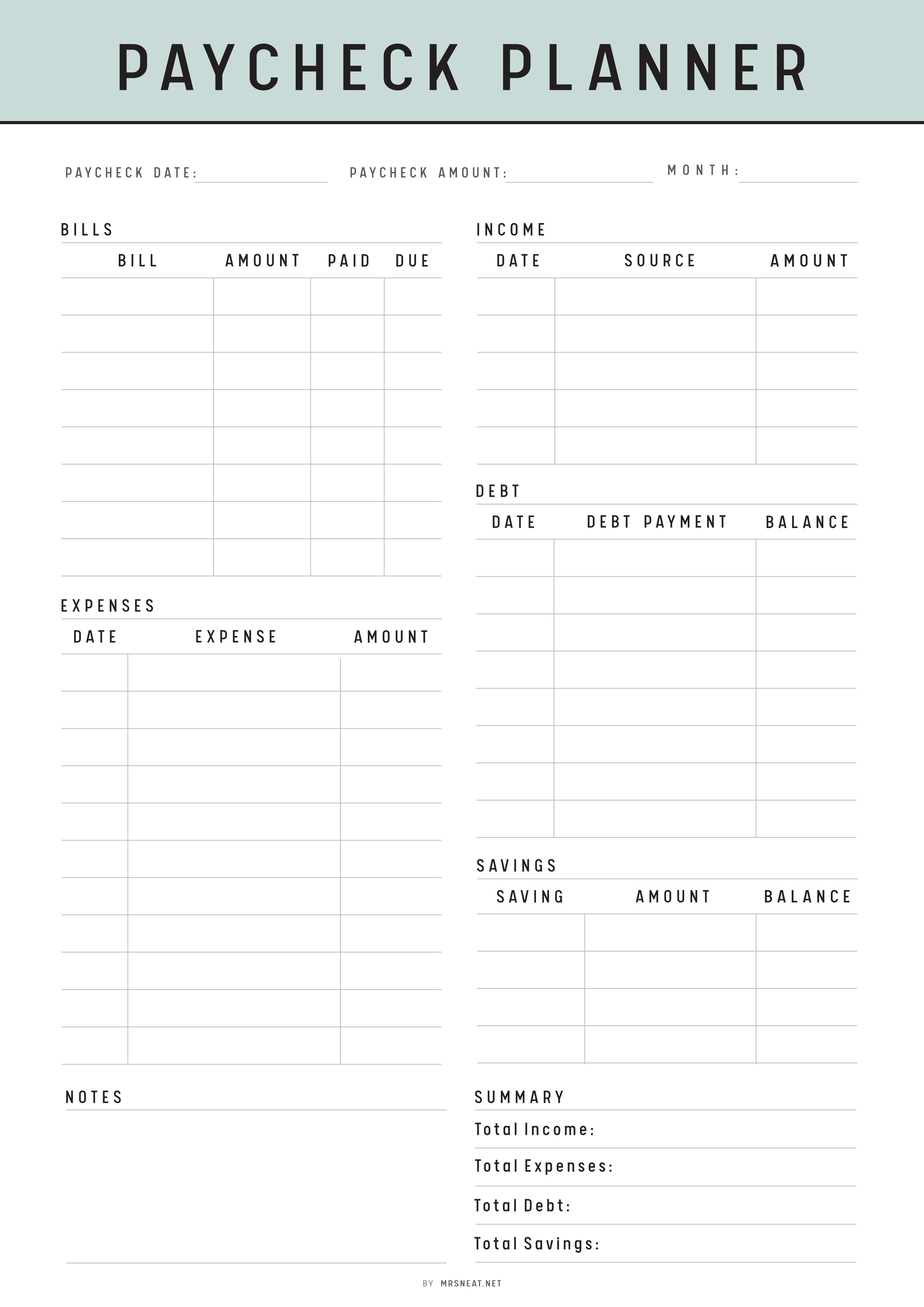 A4 Green Paycheck planner with columns for various financial information