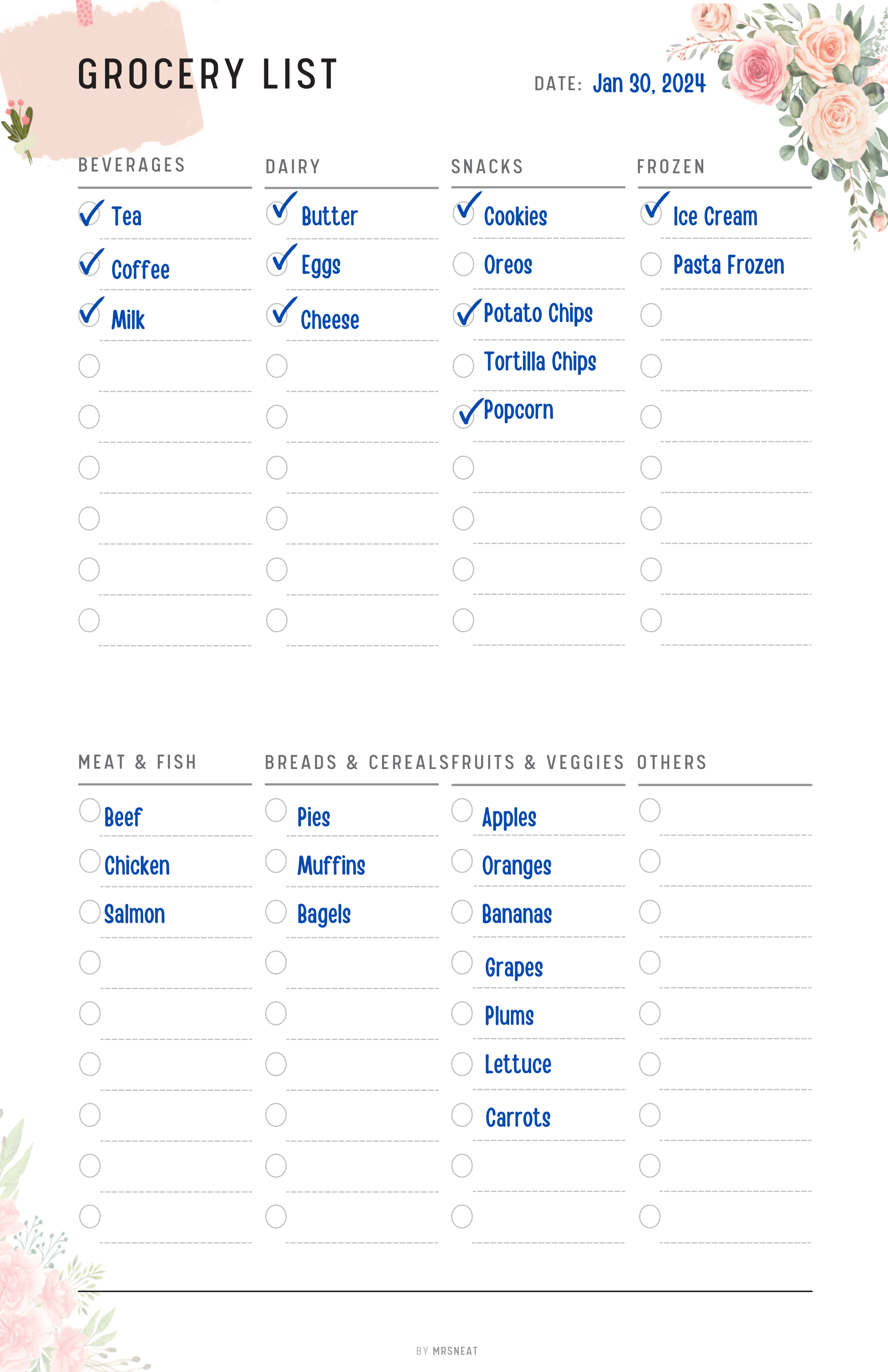 Floral Grocery List Printable Planner printed out on paper and put on the black book with stationery surround