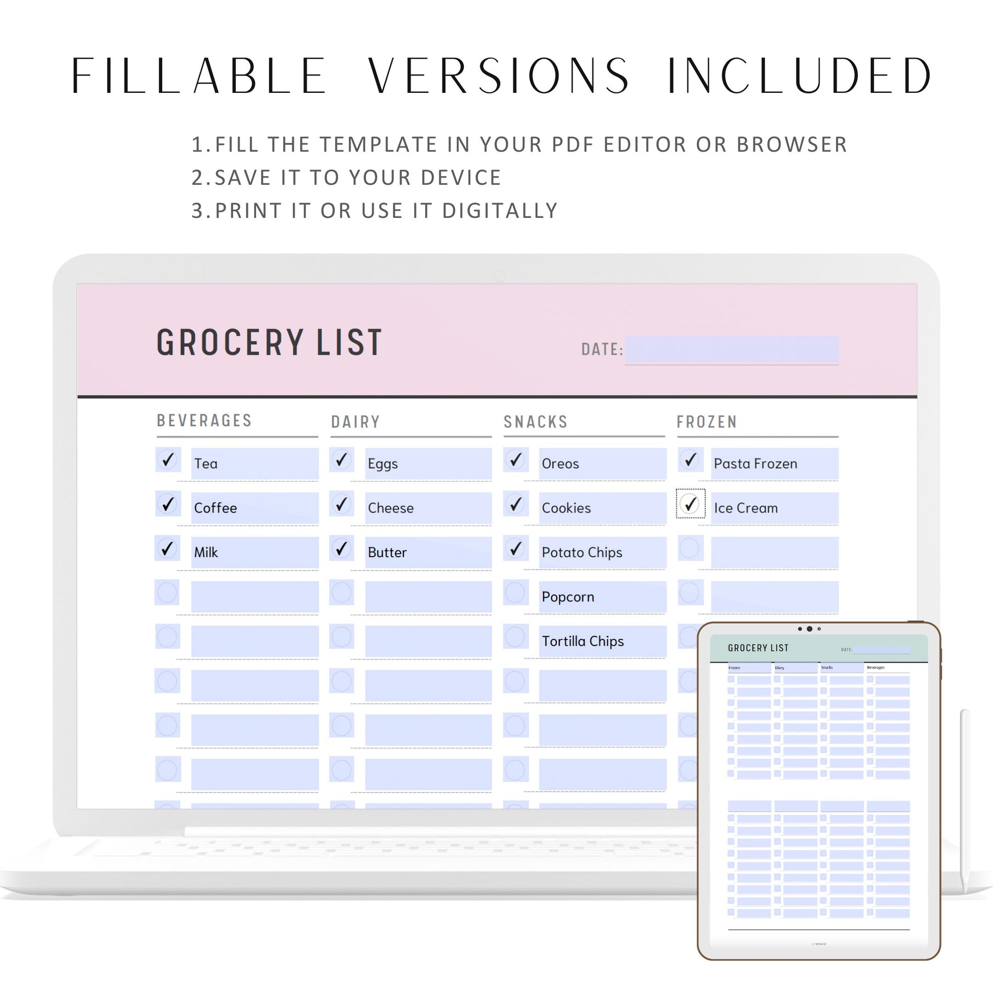 Fillable Grocery List Printable, Grocery Planner Template, Food Shopping List, Shopping List, PDF, 5 colors, A4, A5, Letter, Half Letter