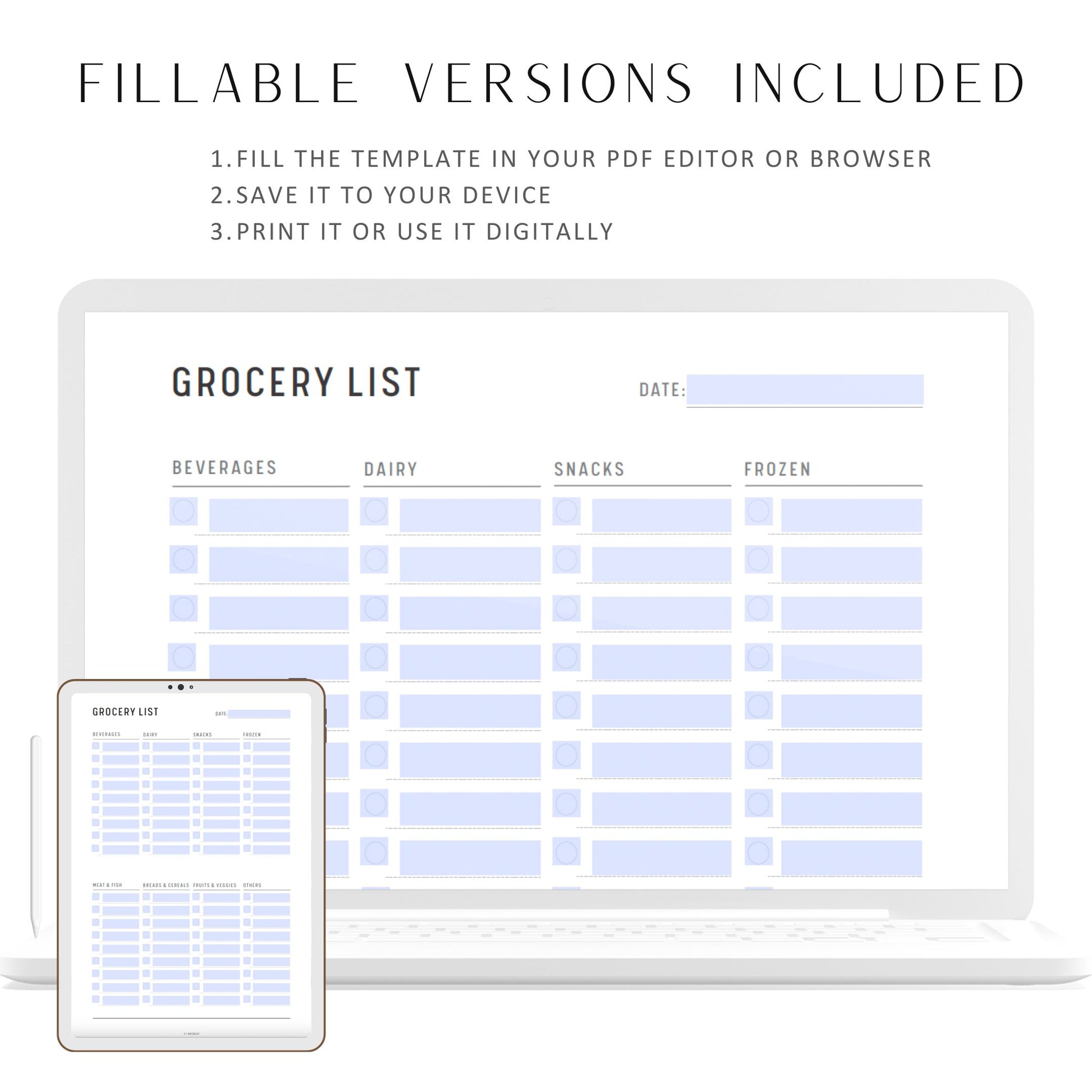 Minimalist Grocery List Planner with 8 shopping categories and checklist box for each category