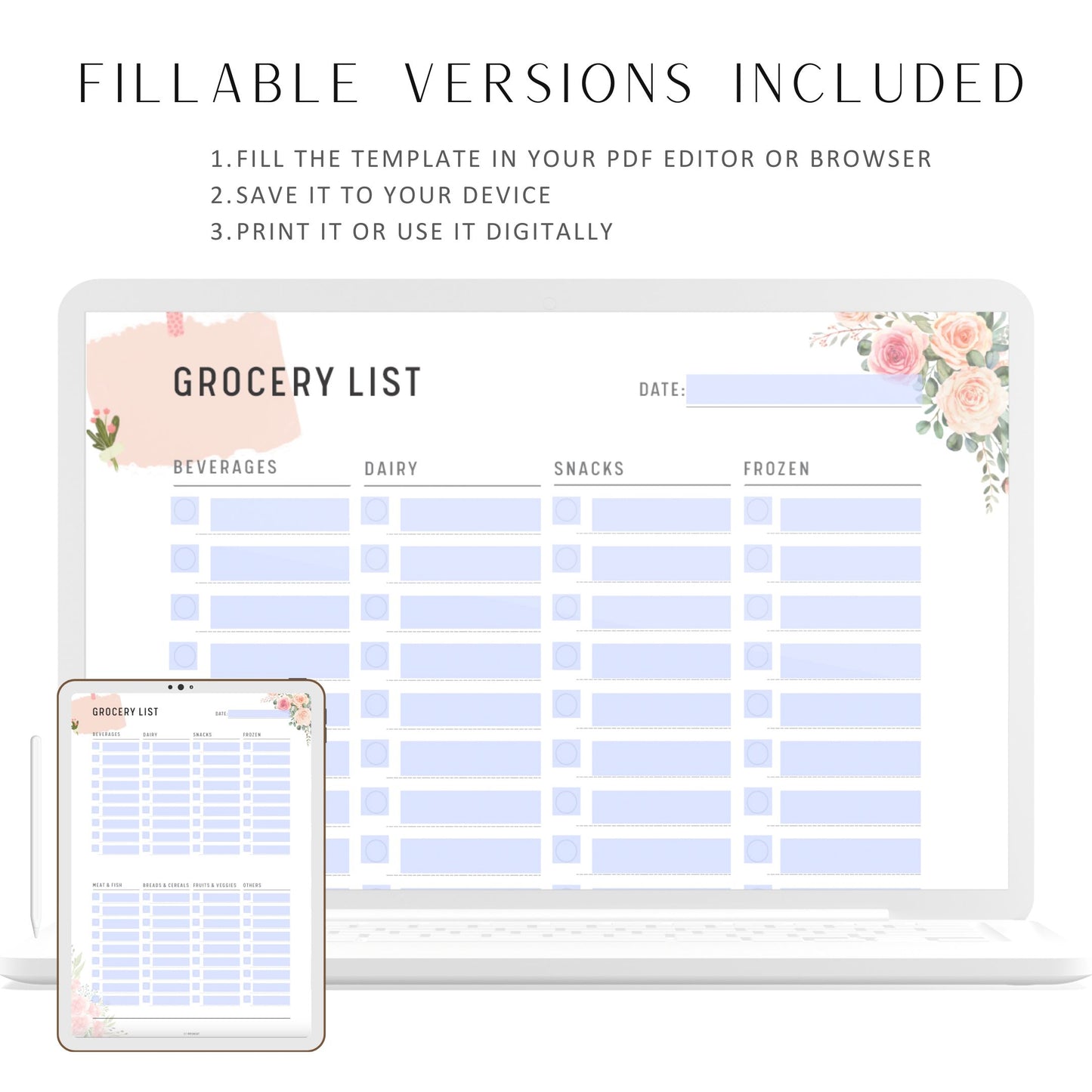 Fillable Grocery Shopping List Template, Grocery Organizer, Grocery Planner Printable, Shopping List, PDF, A4, A5, Letter, Half Letter