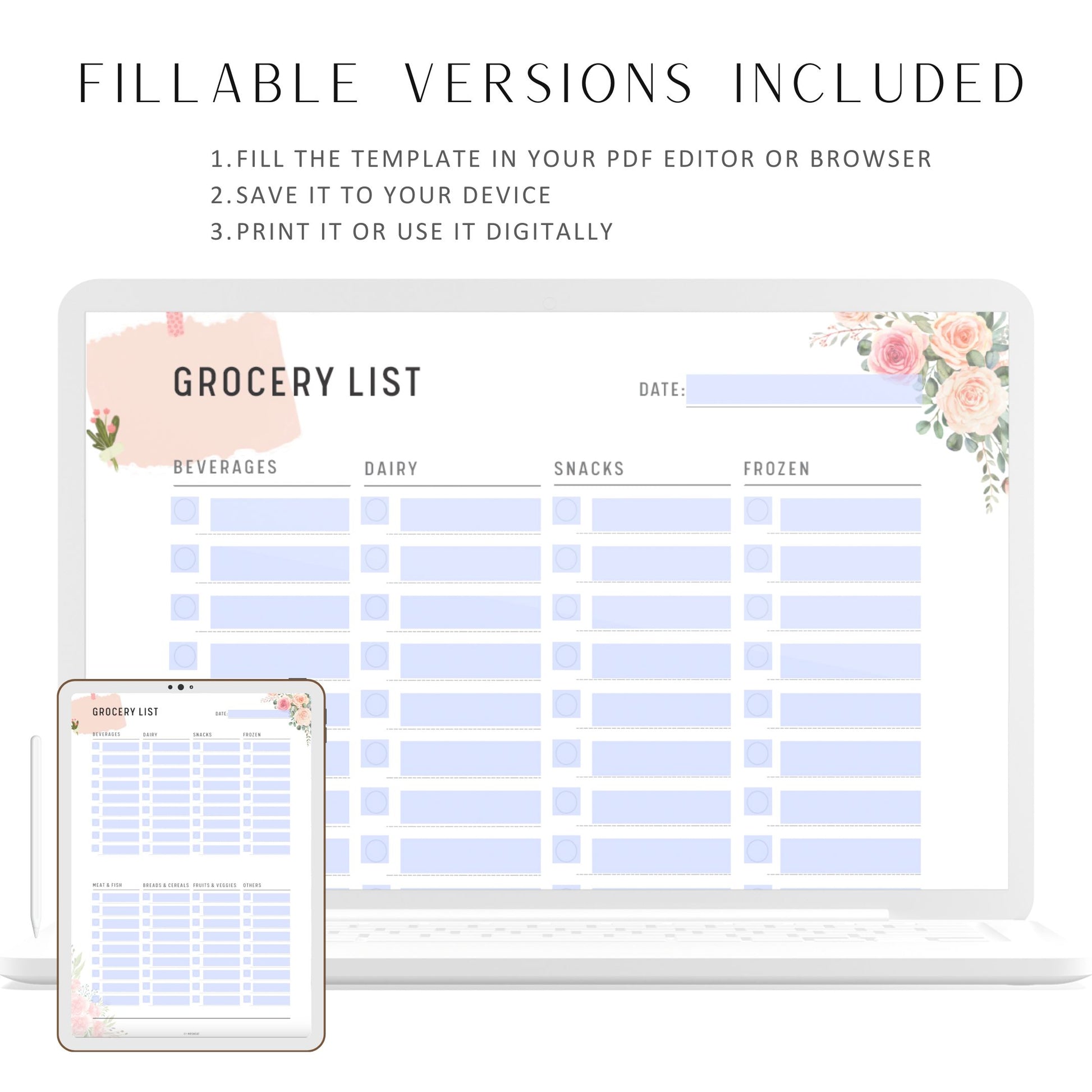 Fillable Grocery Shopping List Template, Grocery Organizer, Grocery Planner Printable, Shopping List, PDF, A4, A5, Letter, Half Letter