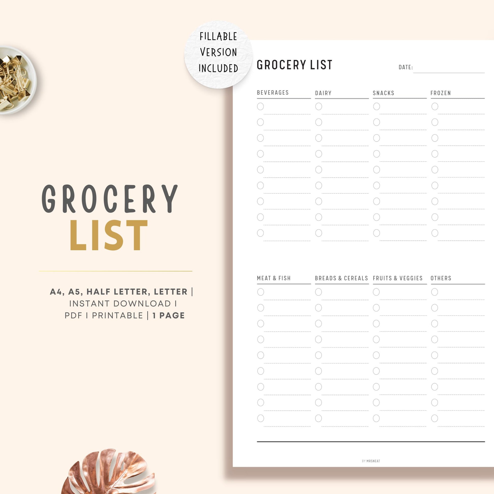 Minimalist Grocery List Planner with 8 shopping categories and checklist box for each category