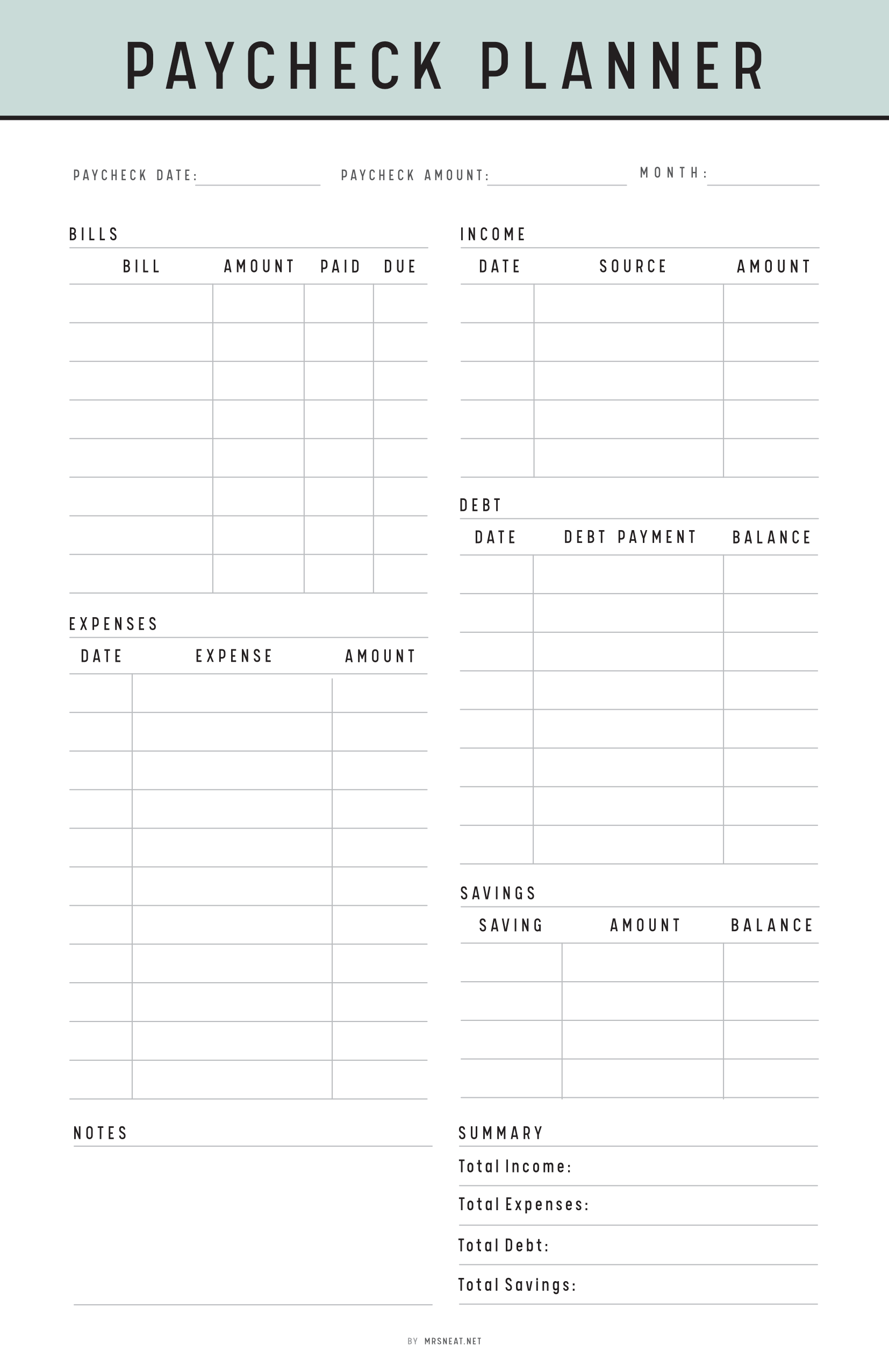 Half Letter Green Paycheck planner with columns for paycheck date, amount, income, expenses, savings, and debt.