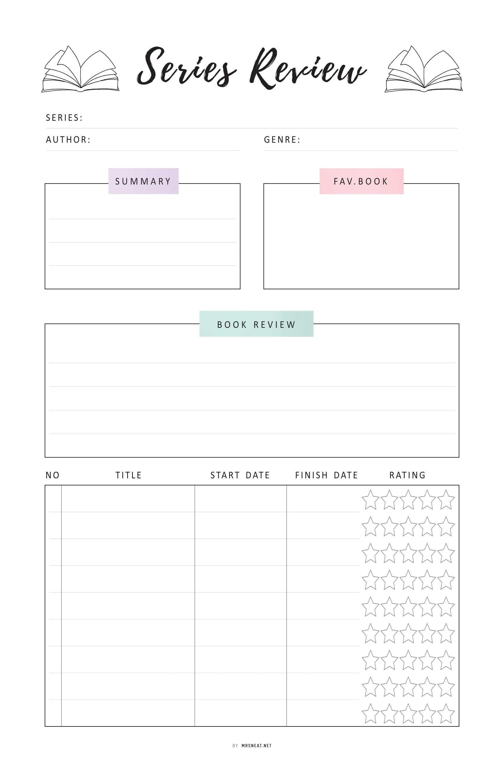 Book review form with fields for series, author, genre, summary, book review, title, start date, finish date, and rating.