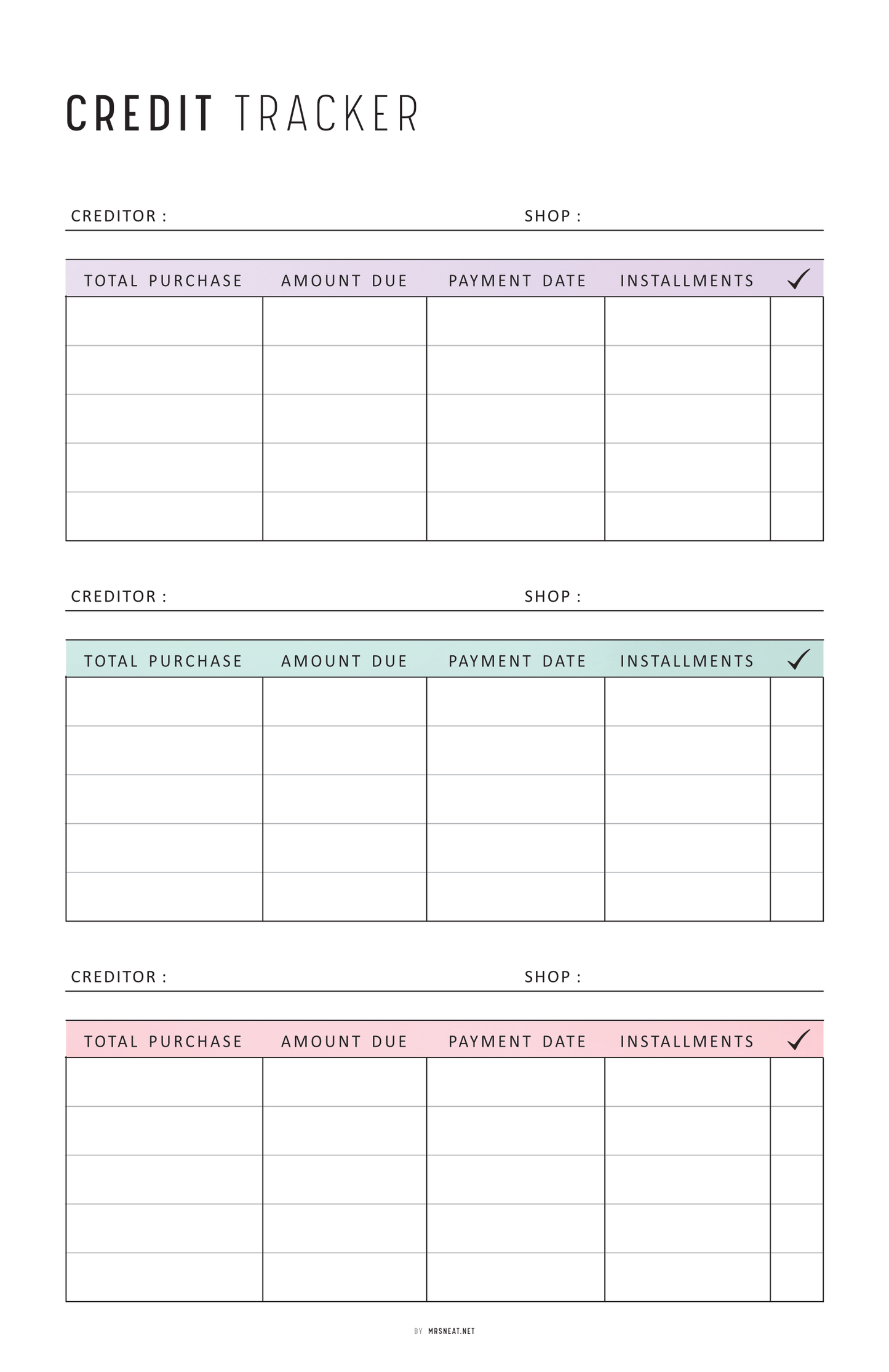 Credit tracker sheet with columns for creditor, shop, total purchase, amount due, payment date, and installments.