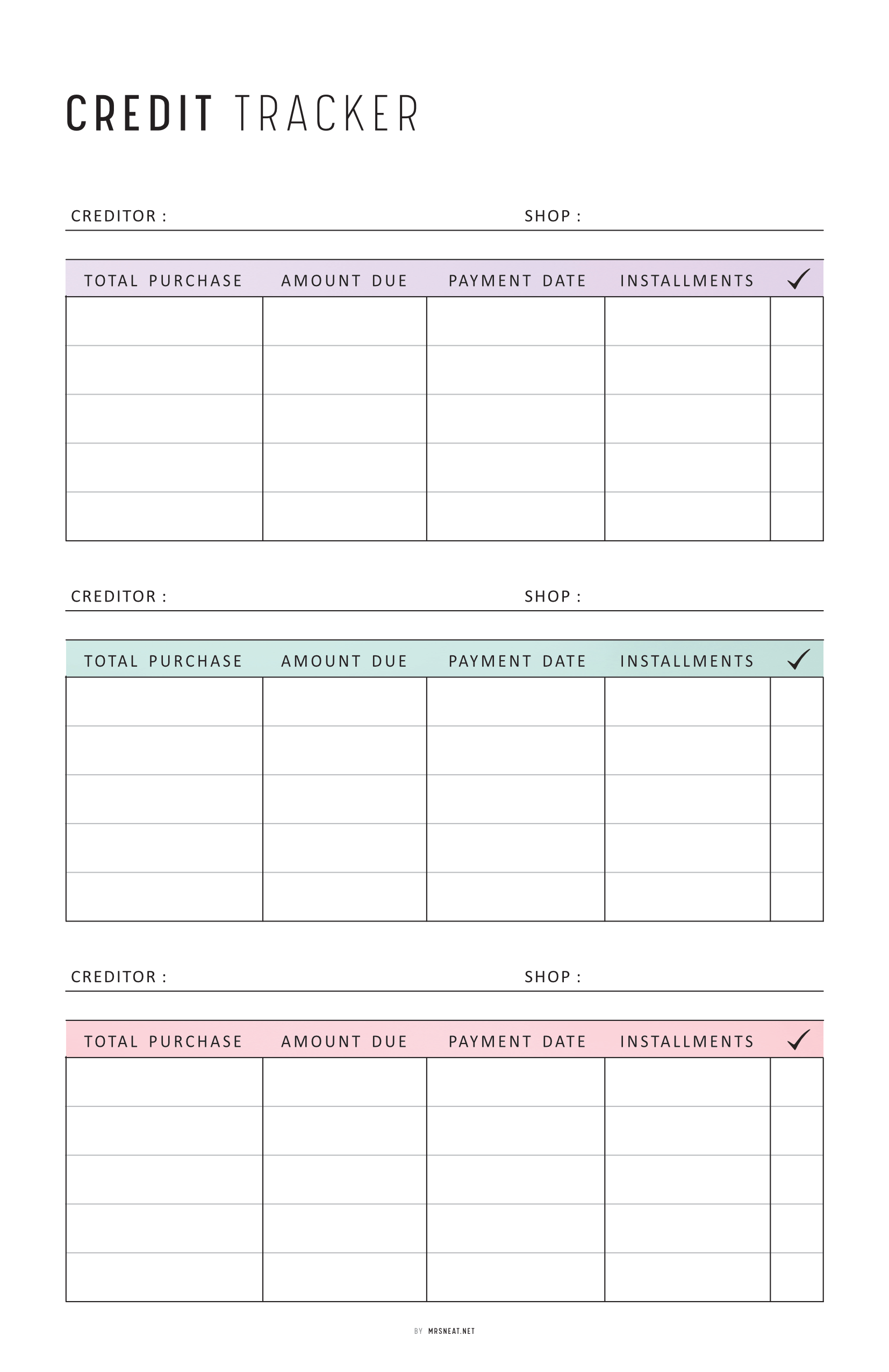 Credit tracker sheet with columns for creditor, shop, total purchase, amount due, payment date, and installments.