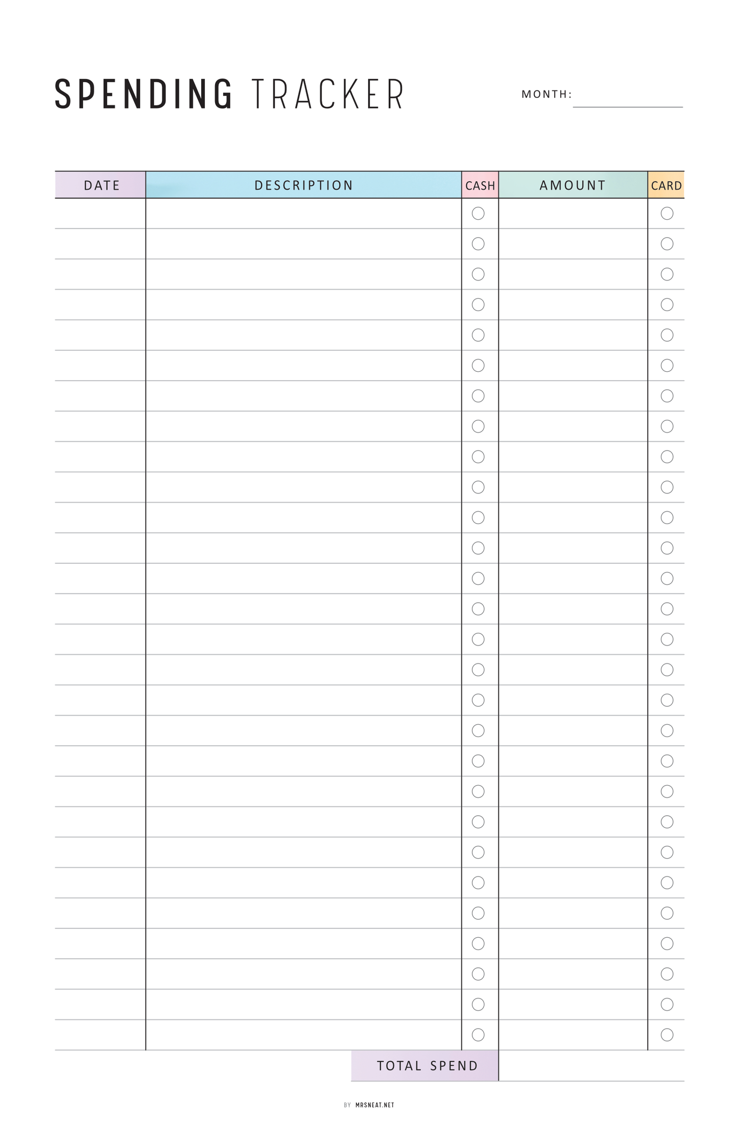 Spending tracker sheet with columns for date, description, cash, and card amounts.