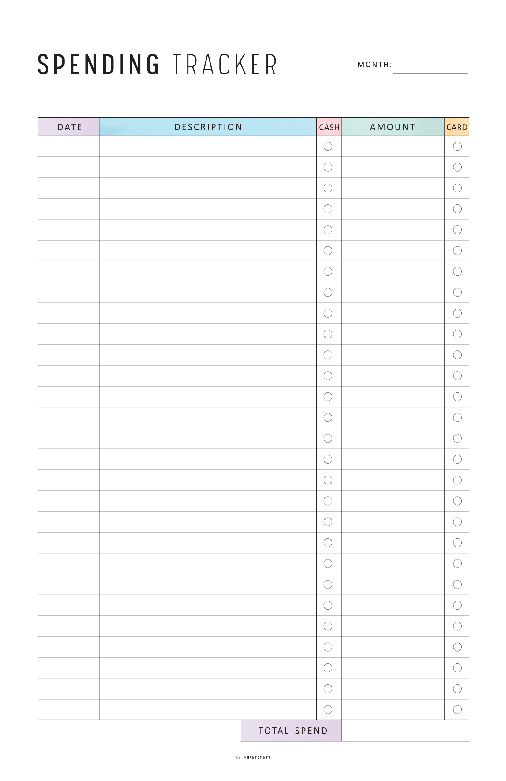 Spending tracker sheet with columns for date, description, cash, and card amounts.