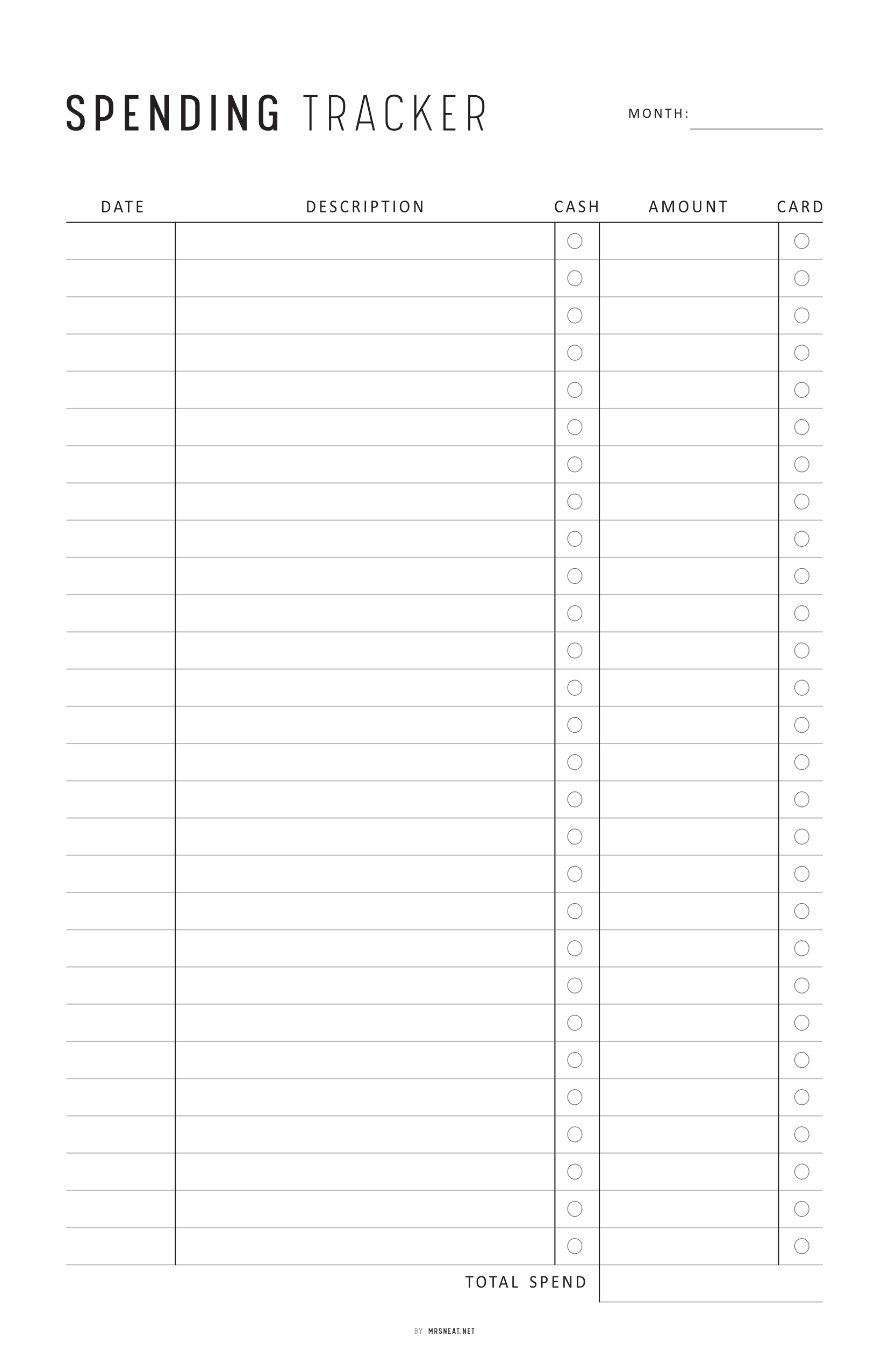 Spending tracker form with columns for date, description, cash, amount, card, and total spend.