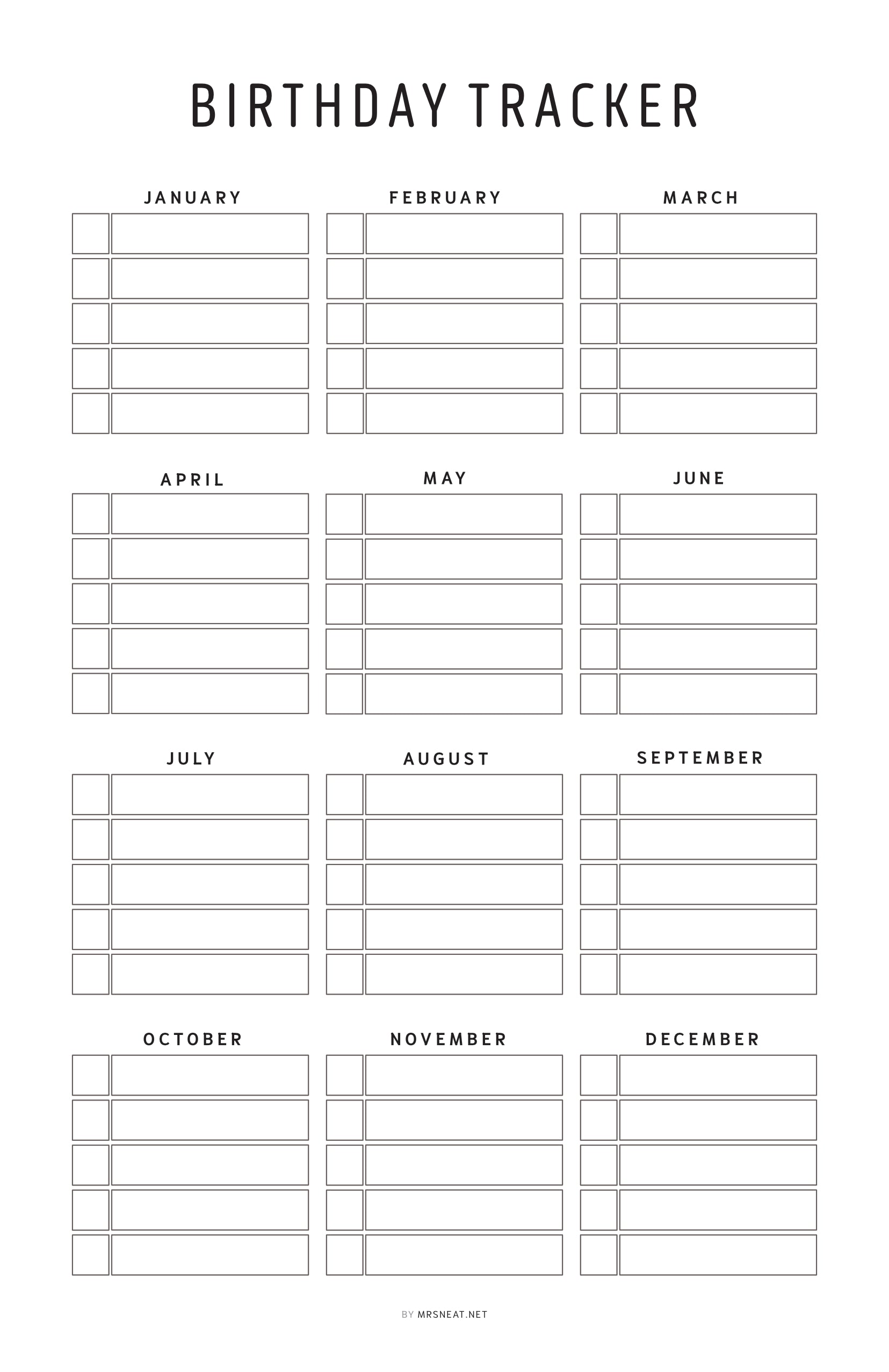 Birthday tracker with months from January to December on a white background
