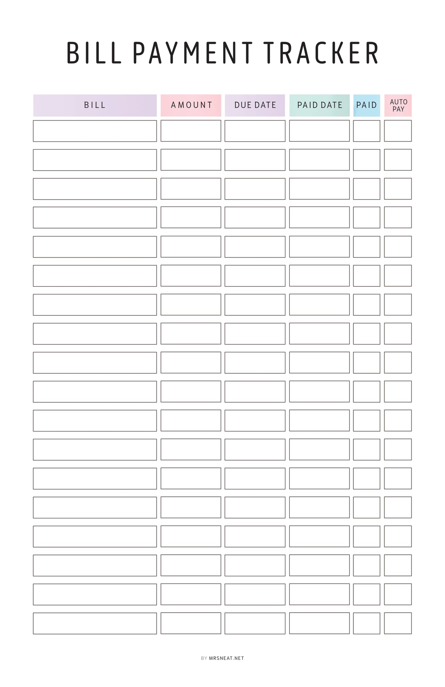 Bill payment tracker with columns for bill name, amount, due date, paid date, and auto pay.