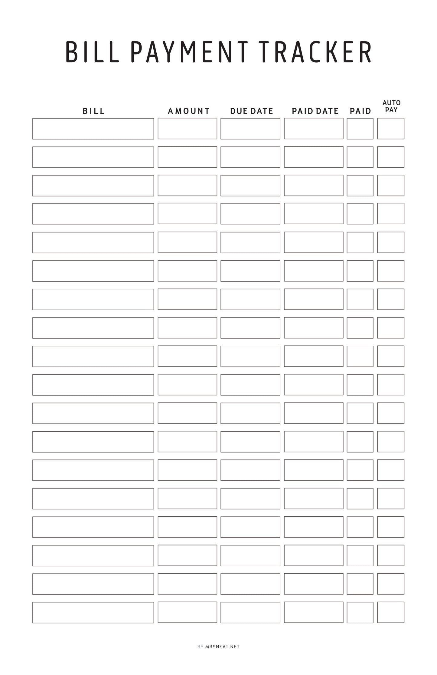 Bill payment tracker with columns for bill name, amount, due date, paid date, and auto pay.