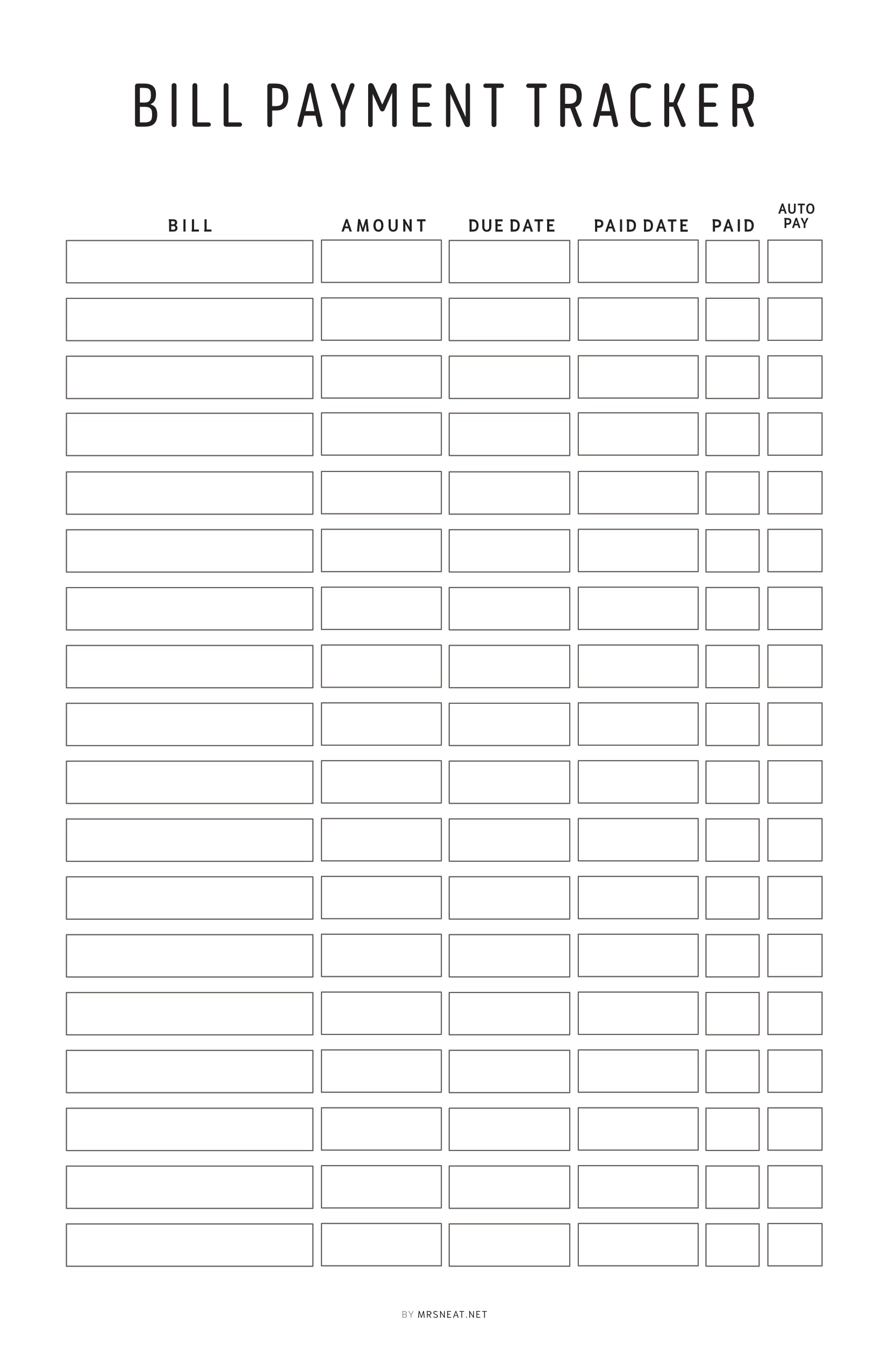Bill payment tracker with columns for bill name, amount, due date, paid date, and auto pay.