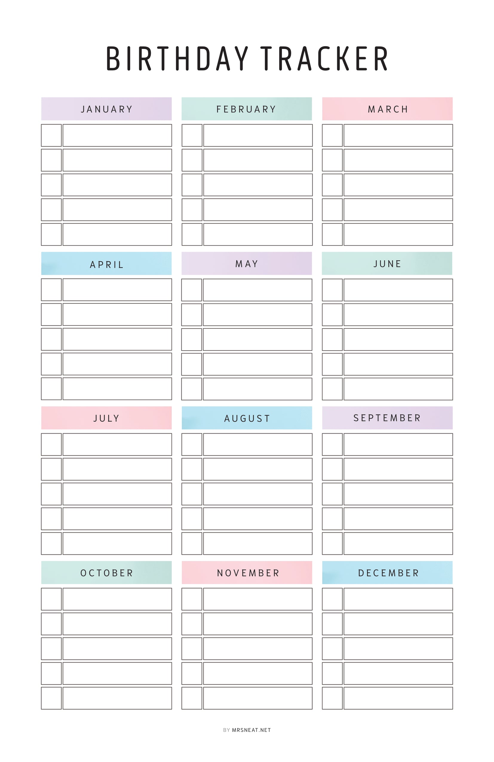 Birthday tracker with months labeled from January to December on a white background.