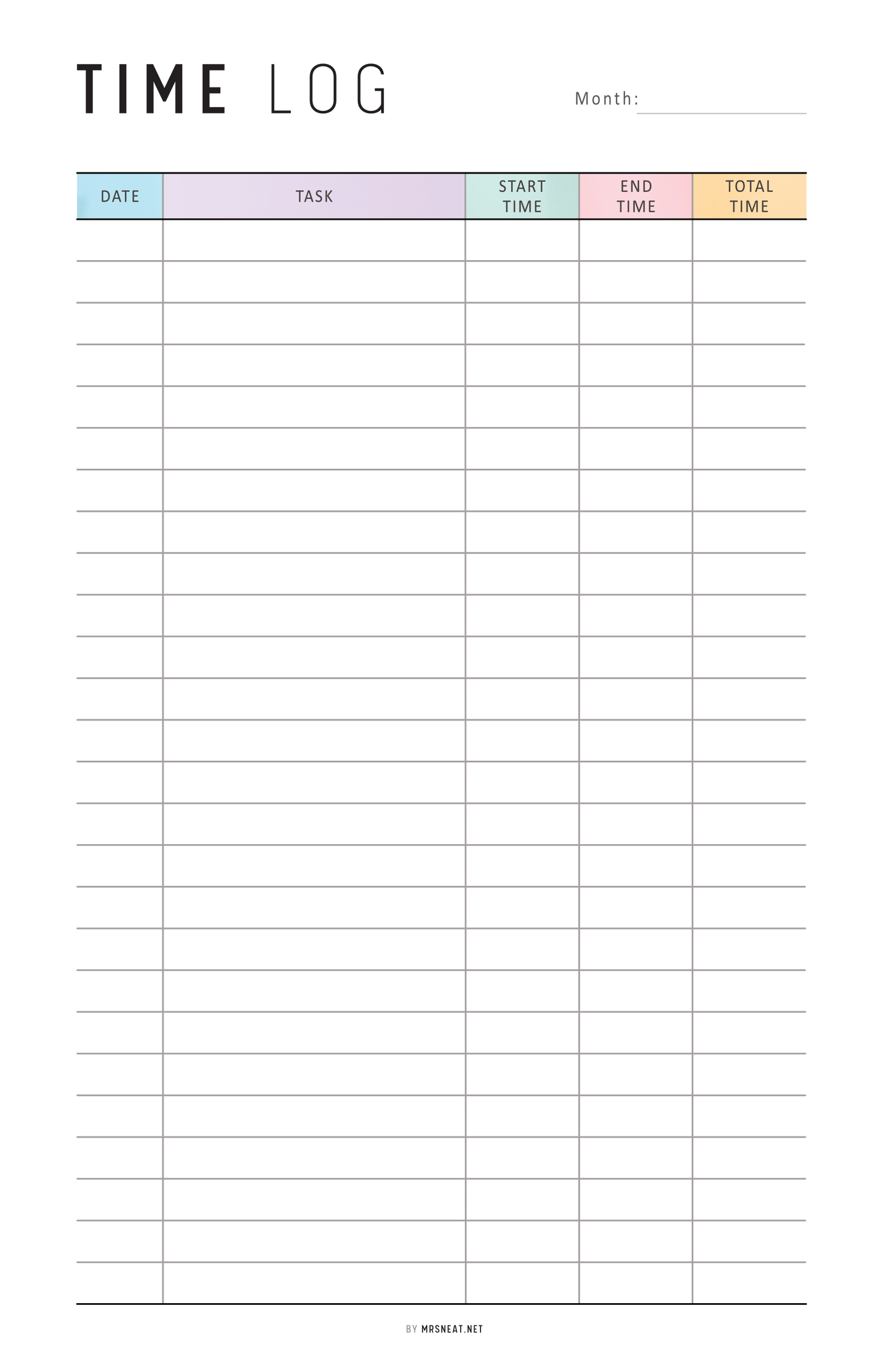 Time log sheet with columns for date, task, start time, end time, and total time.