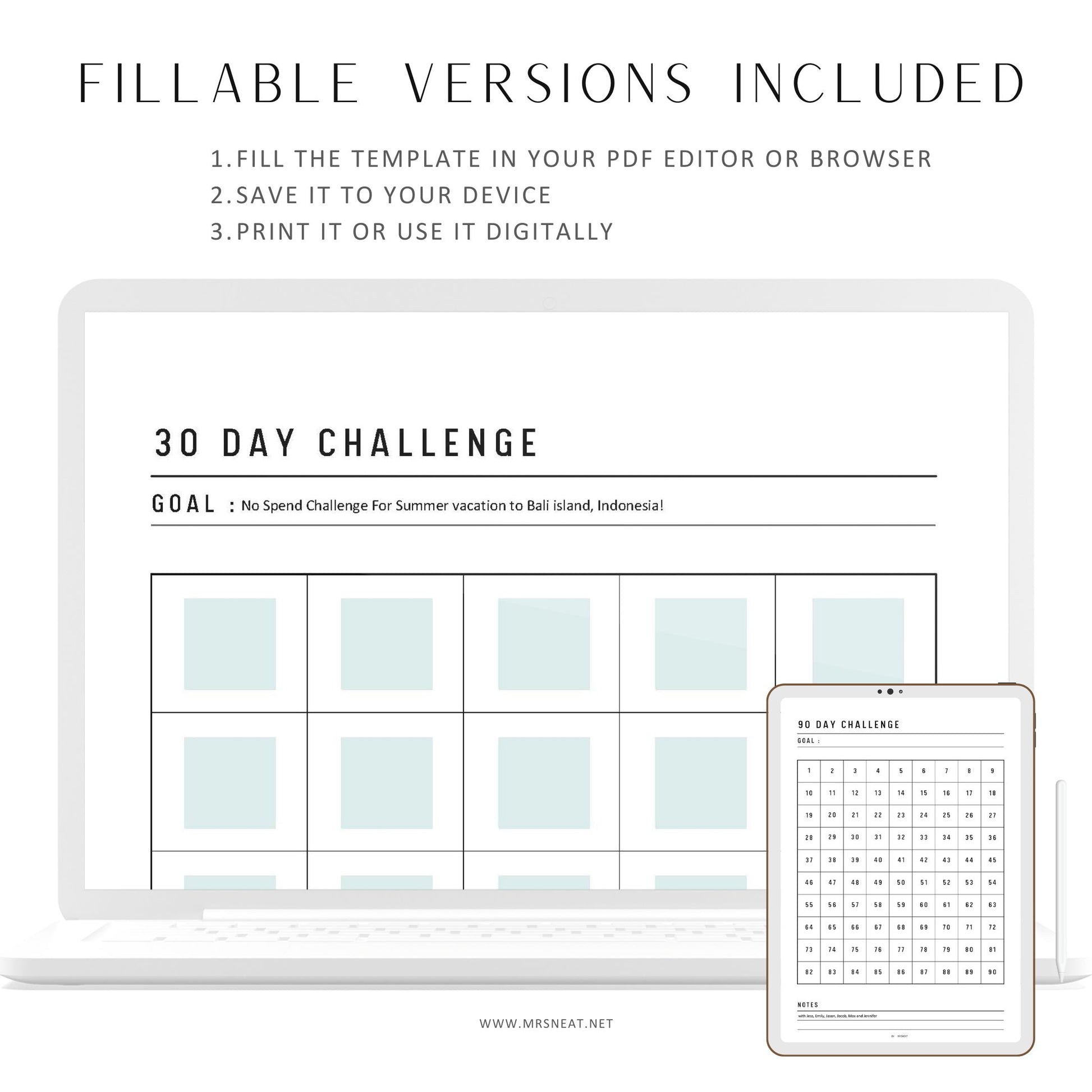 30, 60, 90 and 100 Day Habit Tracker, Fillable Habit Challenge Printable, PDF, A4, A5, Letter, Half Letter