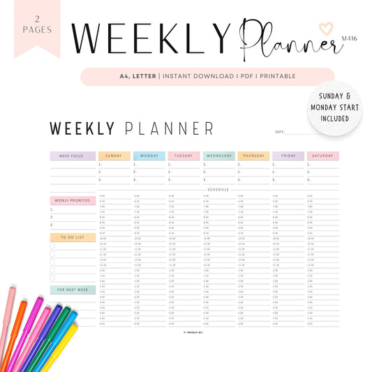 Half Hour Weekly Planner Landscape Template, Sunday and Monday Start Included, A4 & Letter size, Neutral and Colorful Page Options Included, Printable and Digital Planner