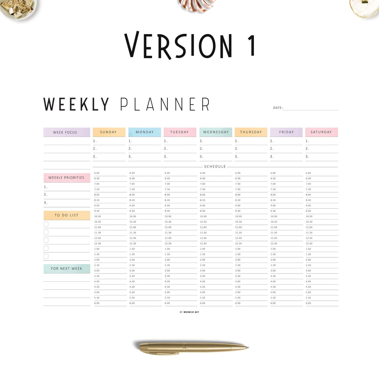 Half Hour Weekly Planner Landscape Template, Sunday and Monday Start Included, A4 & Letter size, Neutral and Colorful Page Options Included, Printable and Digital Planner