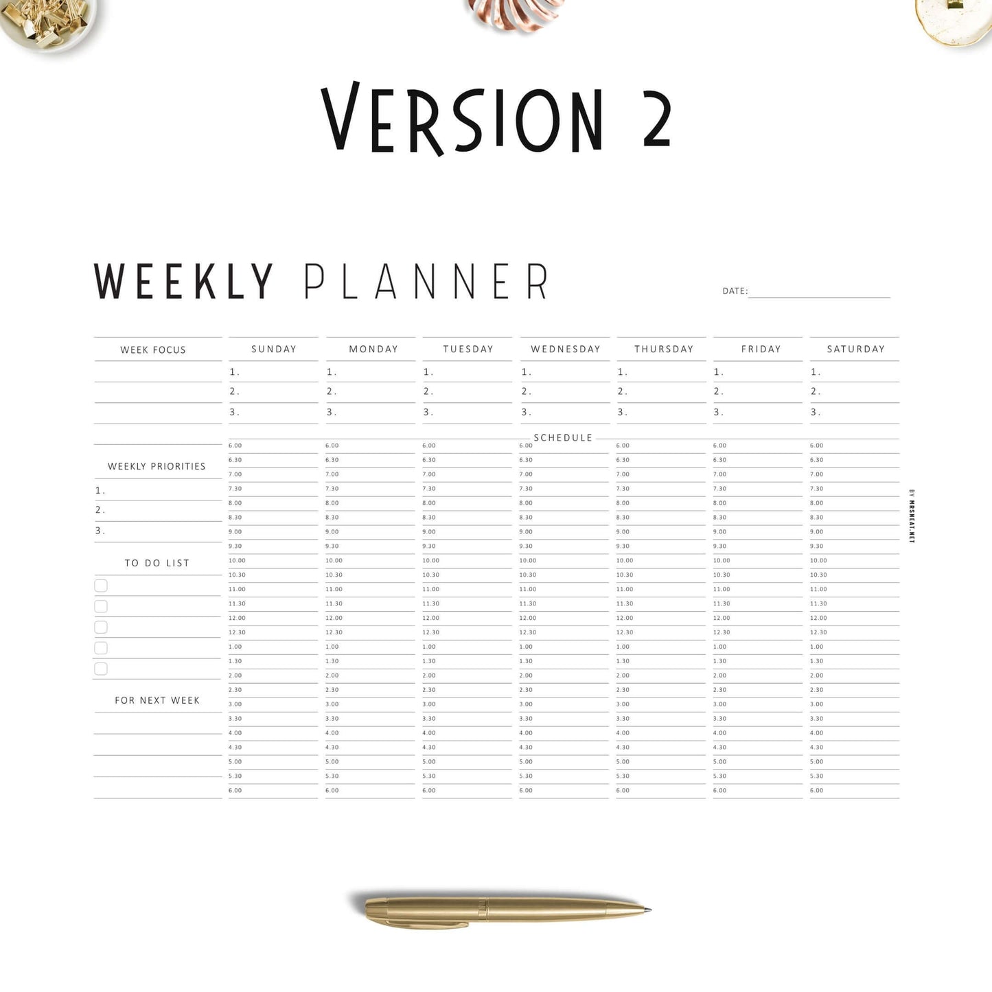 Half Hour Weekly Planner Landscape Template, Sunday and Monday Start Included, A4 & Letter size, Neutral and Colorful Page Options Included, Printable and Digital Planner