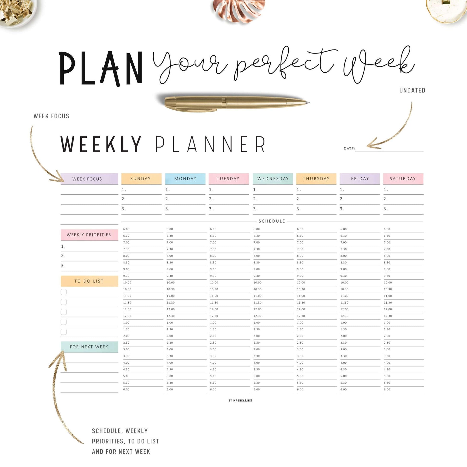 Half Hour Weekly Planner Landscape Template, Sunday and Monday Start Included, A4 & Letter size, Neutral and Colorful Page Options Included, Printable and Digital Planner