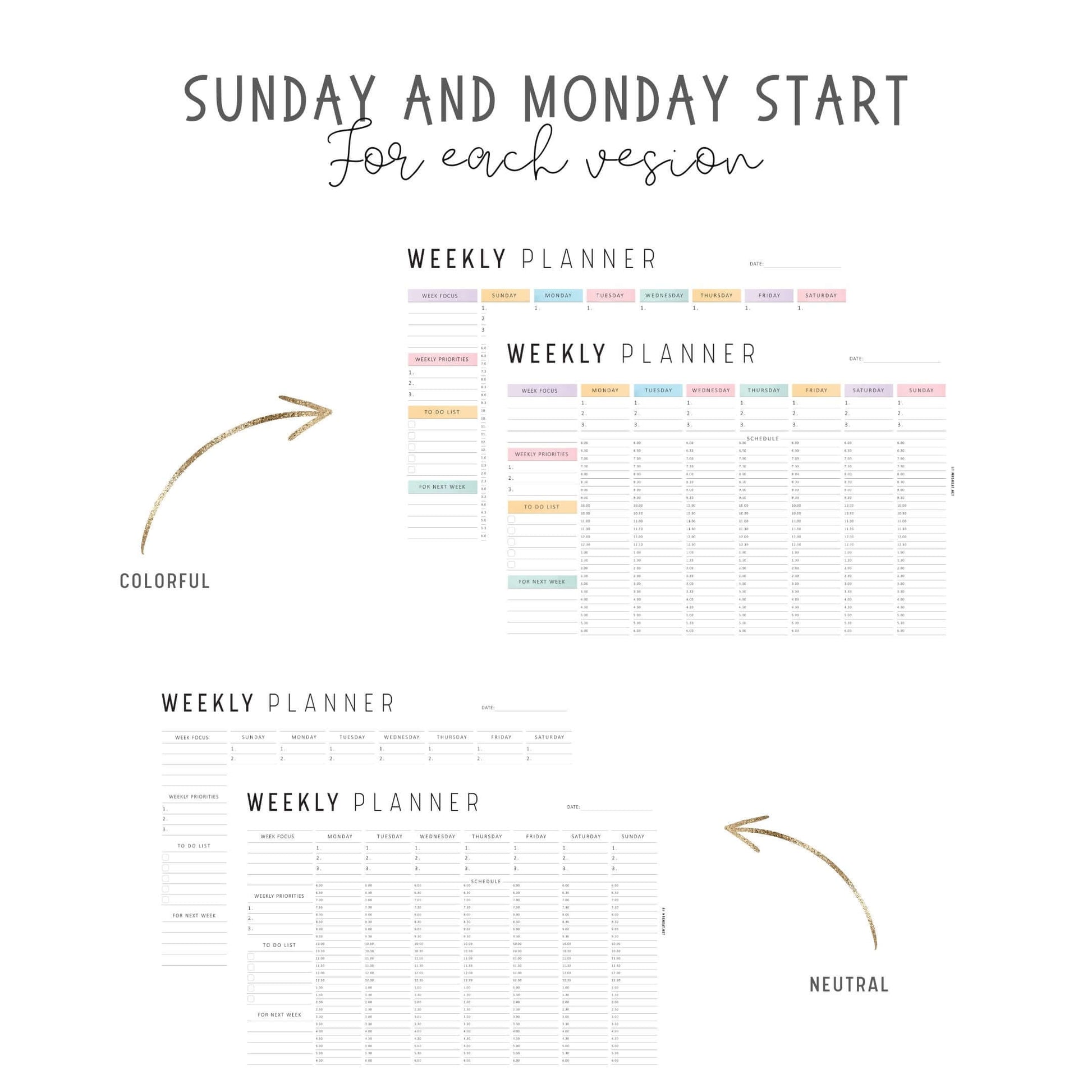 Half Hour Weekly Planner Landscape Template, Sunday and Monday Start Included, A4 & Letter size, Neutral and Colorful Page Options Included, Printable and Digital Planner