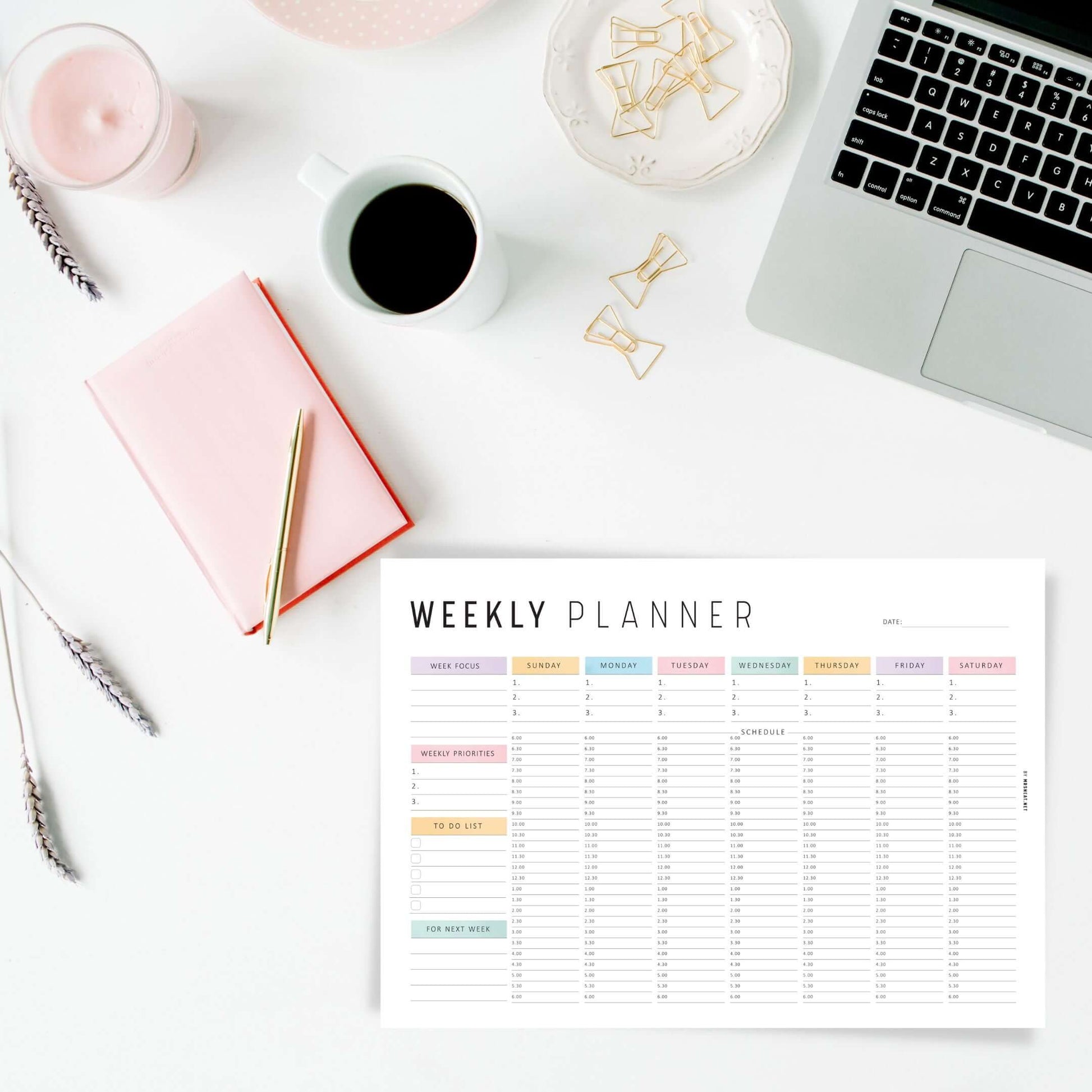 Half Hour Weekly Planner Landscape Template, Sunday and Monday Start Included, A4 & Letter size, Neutral and Colorful Page Options Included, Printable and Digital Planner