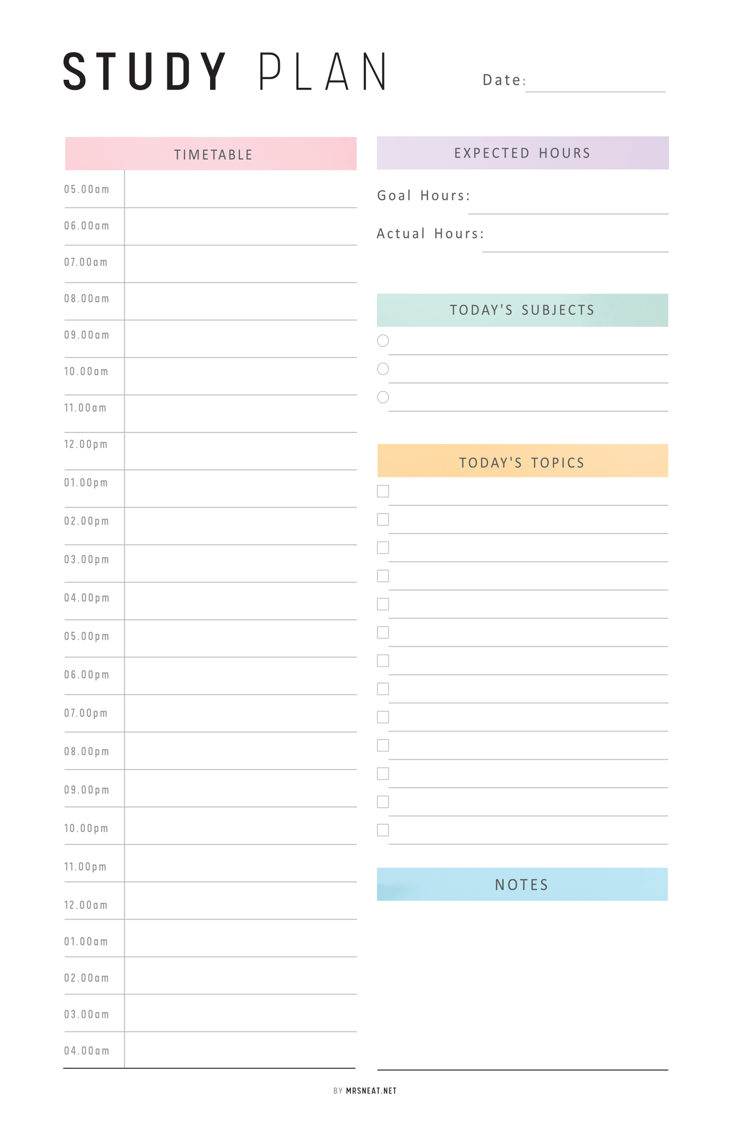 Study plan timetable with sections for timetable, expected hours, today's subjects, and notes.
