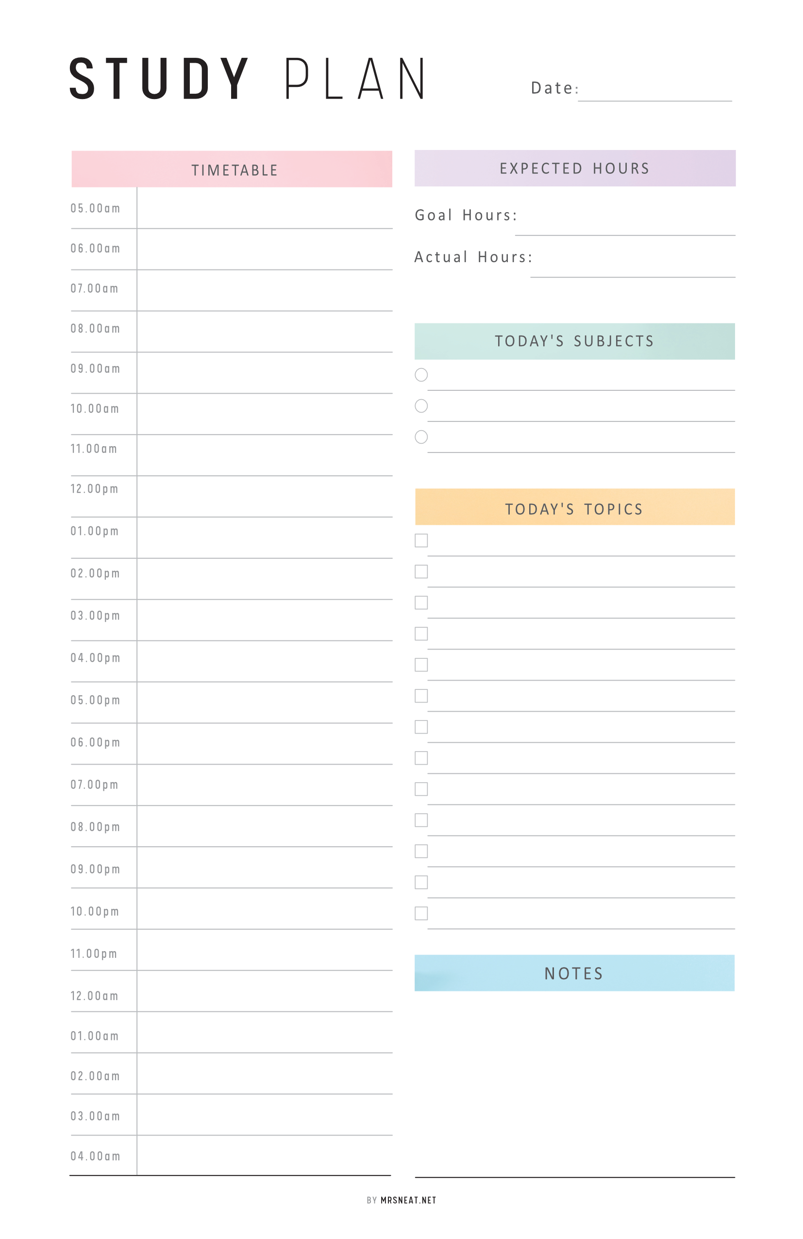 Study plan timetable with sections for timetable, expected hours, today's subjects, and notes.