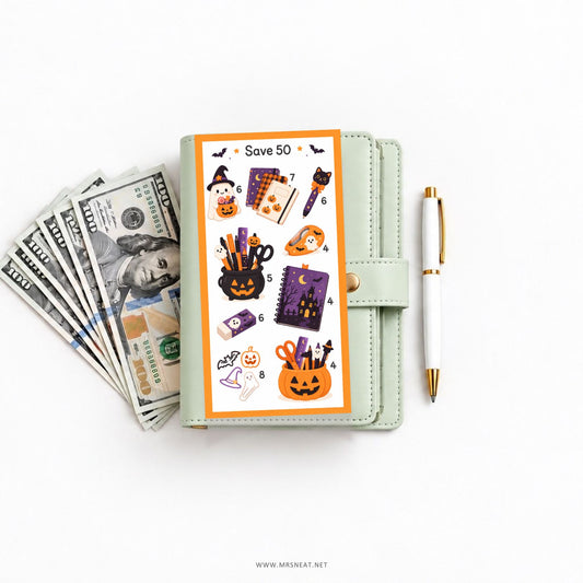 A mint green planner or notebook cover with a Halloween-themed sticker sheet attached, styled on a white background with a fanned stack of $100 bills on the left and a white pen with gold accents on the right.