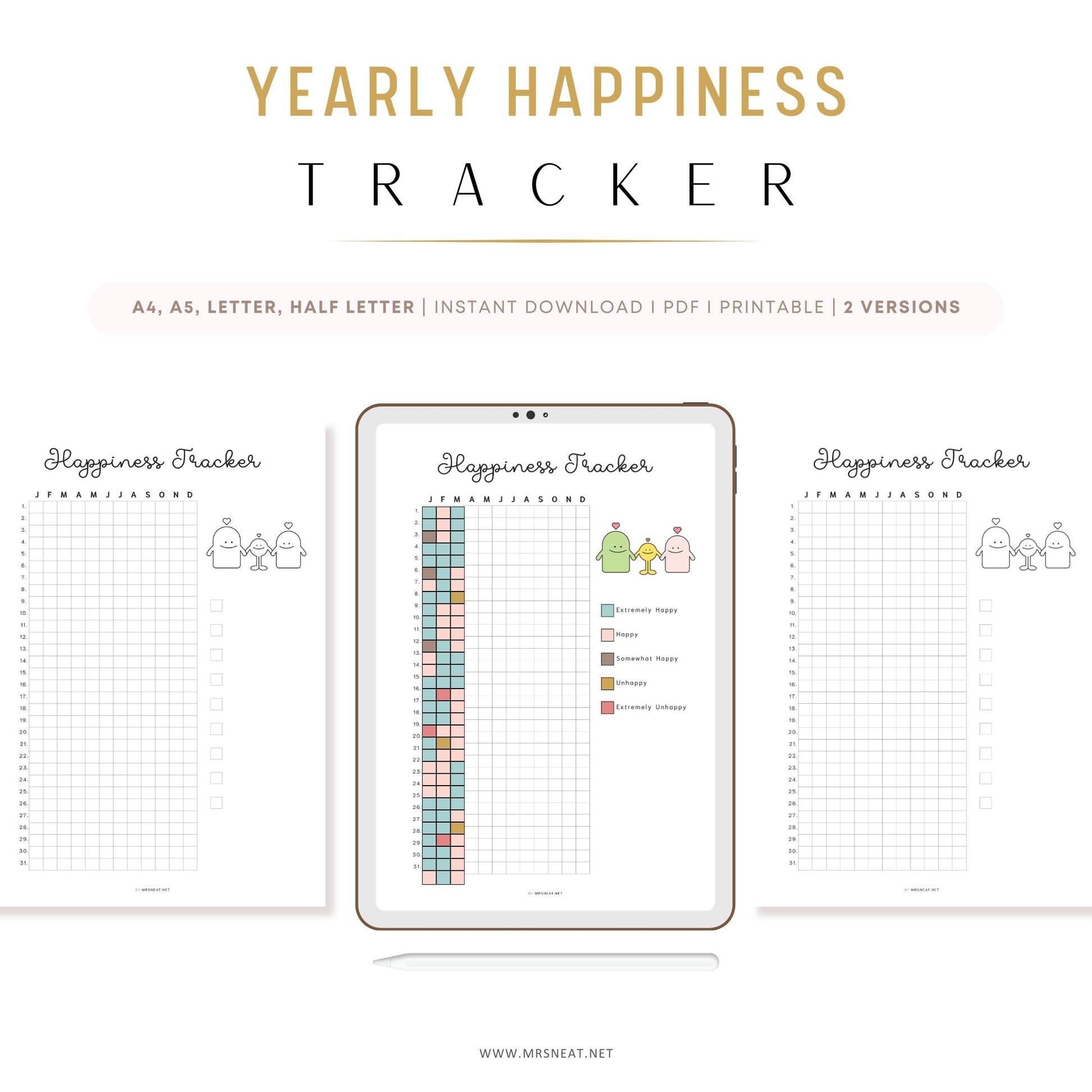 Happiness Tracker, PRINTABLE Journal Page, Planner Page, Daily Tracker, Mood Tracker, Track Mood, Track Happiness, Happy Tracker, 2 Versions, A4, A5, Letter, Half Letter, Printable Planner, Digital Planner