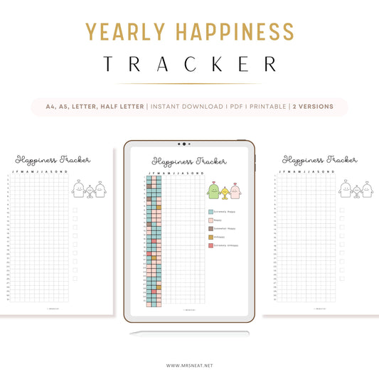 Happiness Tracker, PRINTABLE Journal Page, Planner Page, Daily Tracker, Mood Tracker, Track Mood, Track Happiness, Happy Tracker, 2 Versions, A4, A5, Letter, Half Letter, Printable Planner, Digital Planner